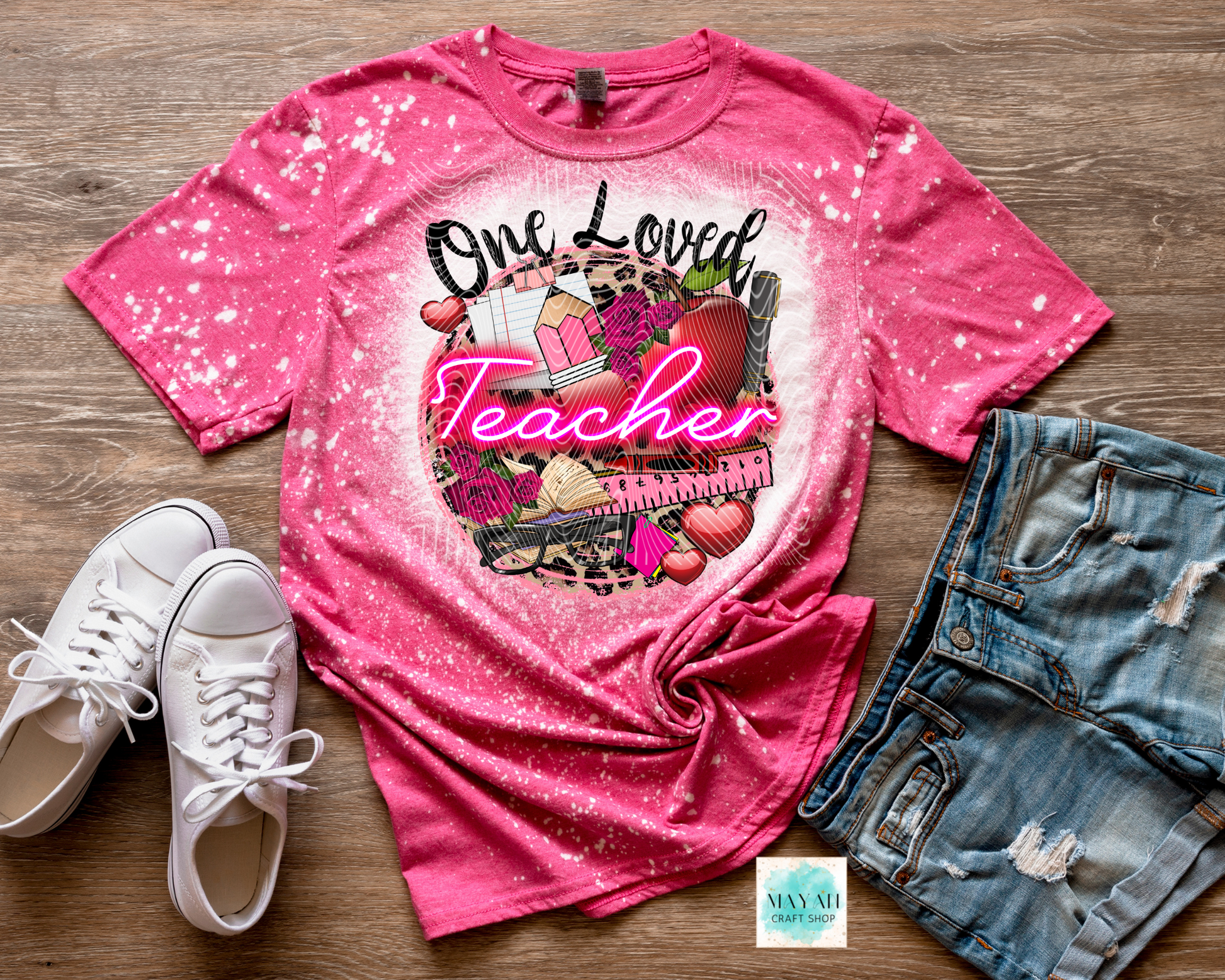 One loved teacher heather heliconia bleached shirt. -Mayan Craft Shop