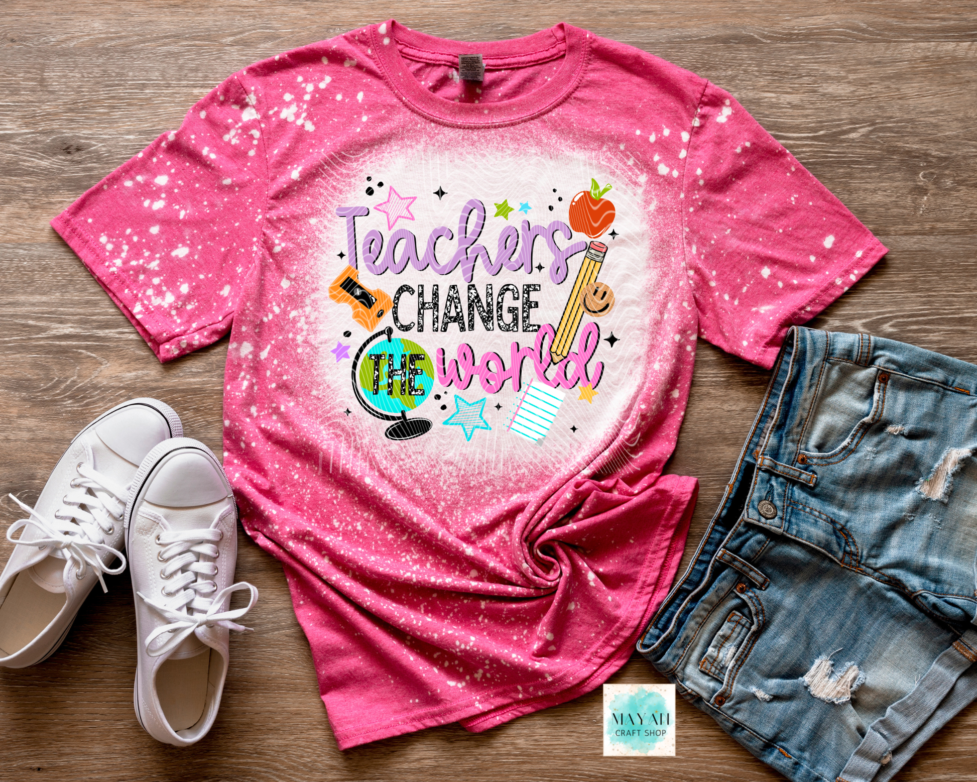 Teachers change the world heather heliconia bleached shirt.
