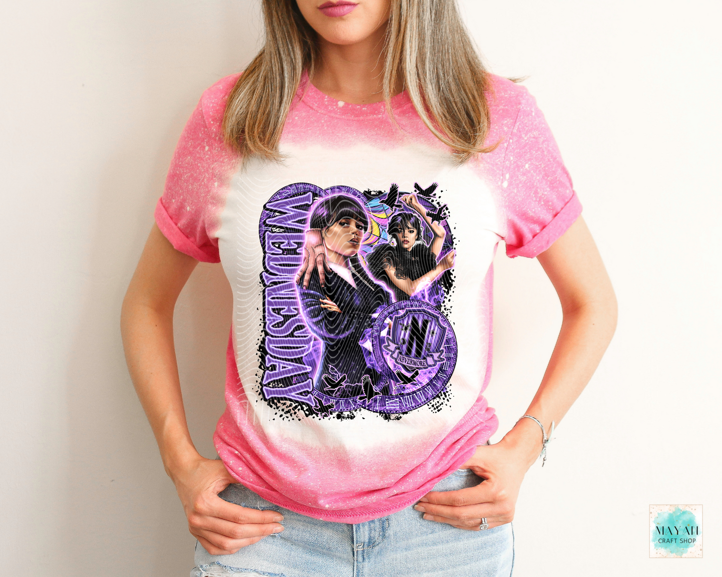 Purple design in heather heliconia shirt.