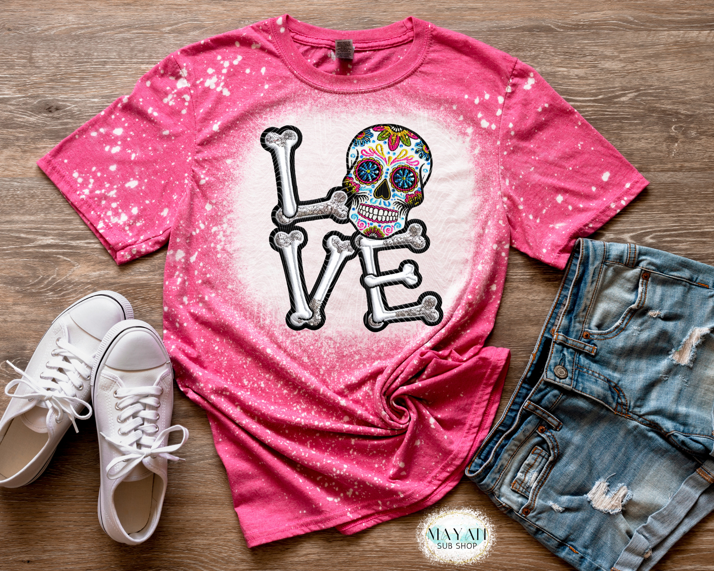 Dia de los muertos love heather heliconia bleached tee. -Mayan Sub Shop