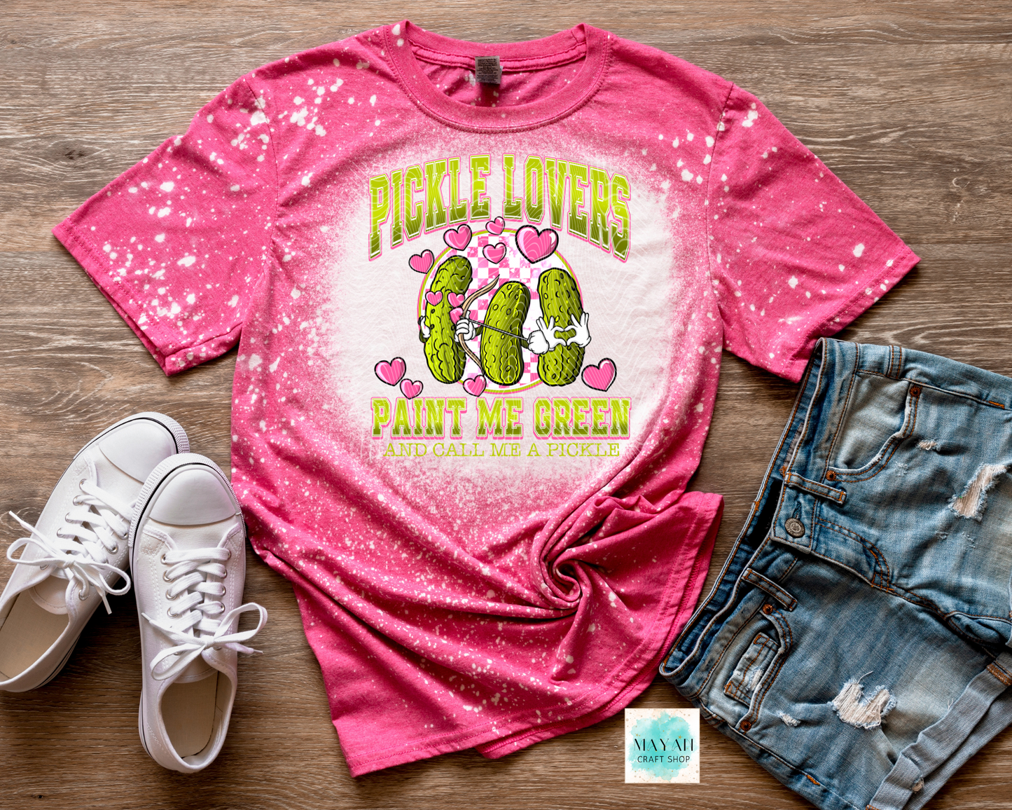 Pickle lovers bleached heather heliconia shirt. -Mayan Craft Shop