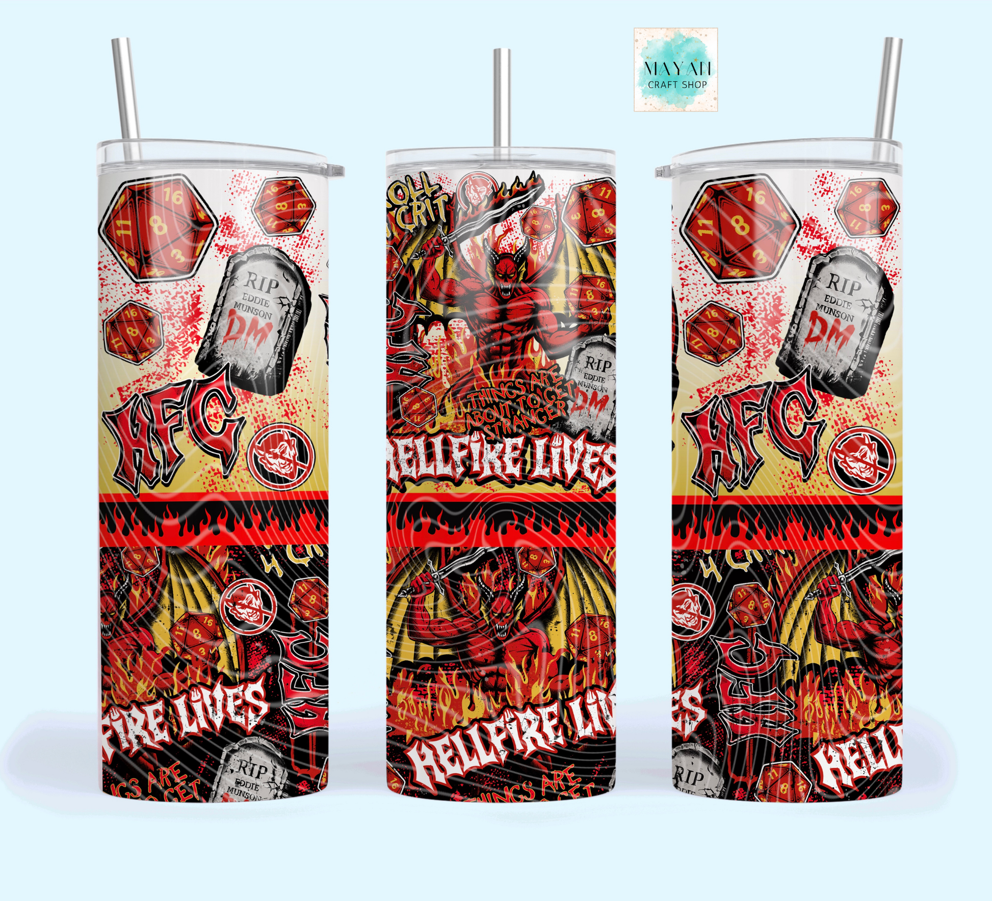 Three tumblers with graphic designs and text on a white background