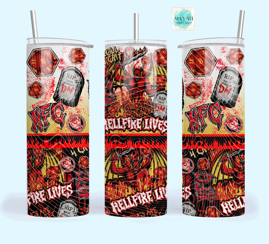 Three tumblers with graphic designs and text on a white background