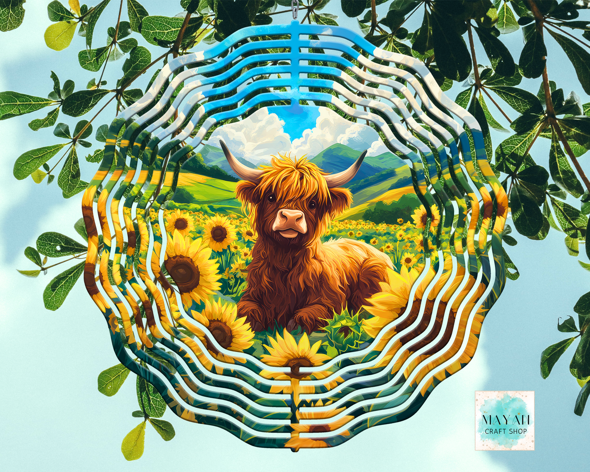 Artistic depiction of a Highland cow surrounded by sunflowers and greenery, framed by decorative elements.