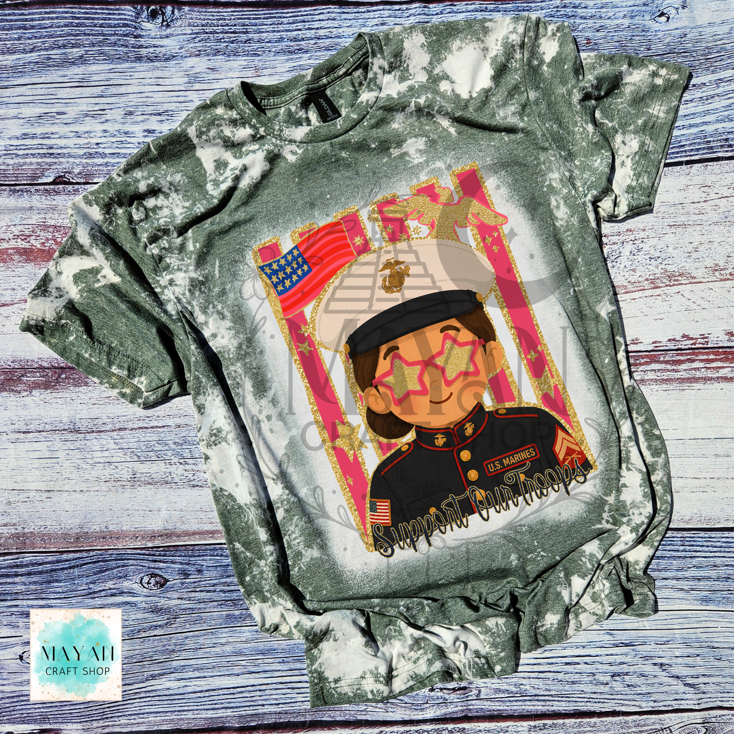 Support our troops heather military green bleached shirt.