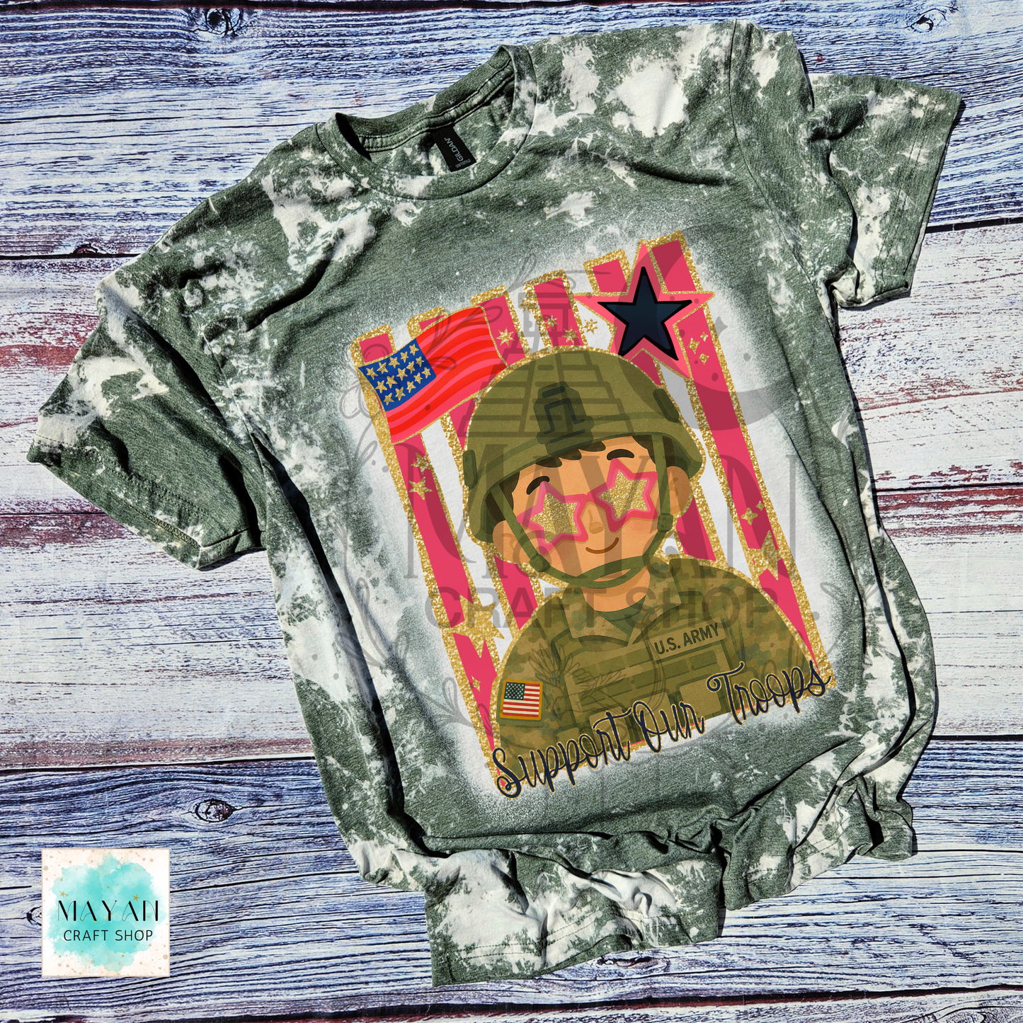 Support our troops heather military green bleached shirt.