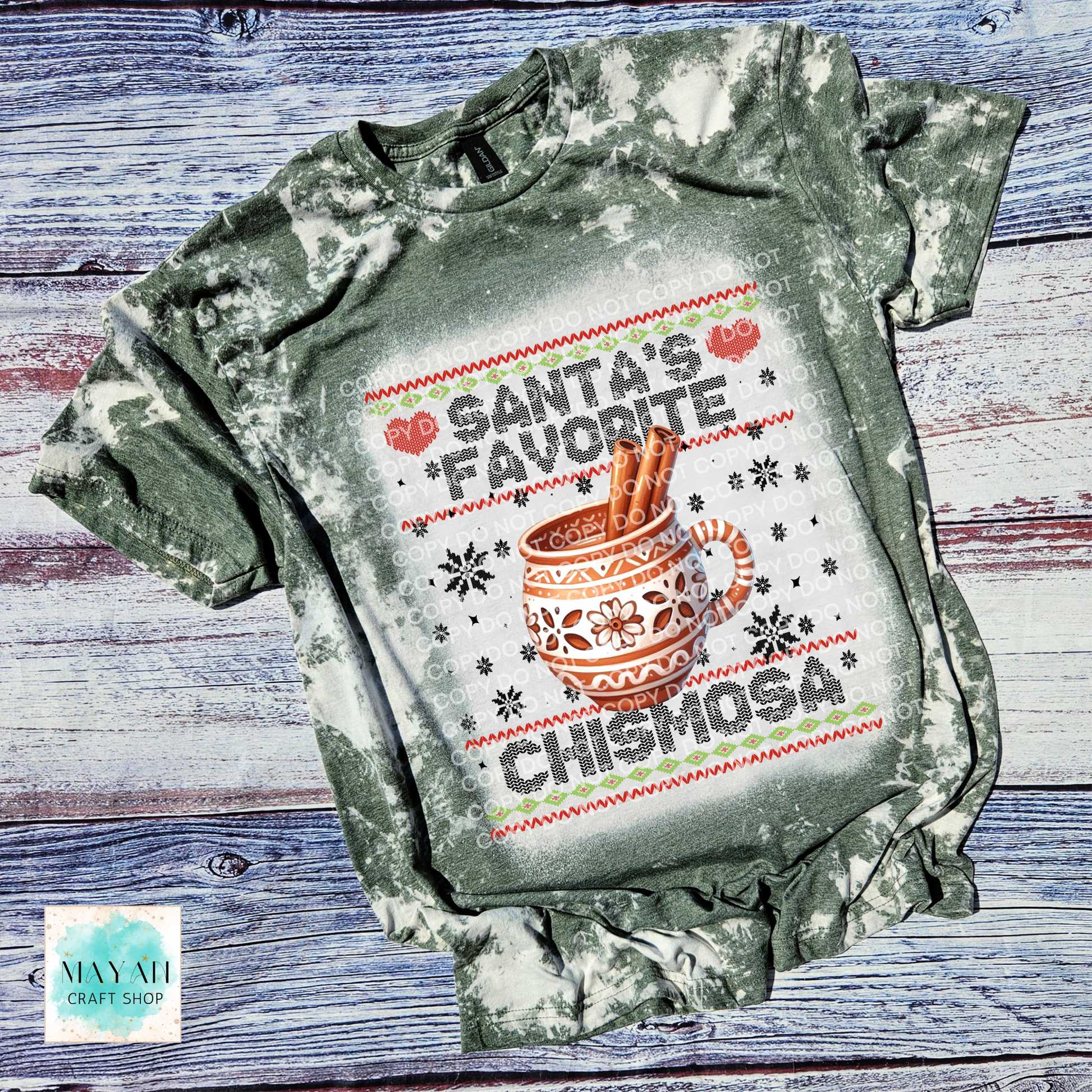 Santa's favorite chismosa heather military green bleached tee. -Mayan Craft Shop