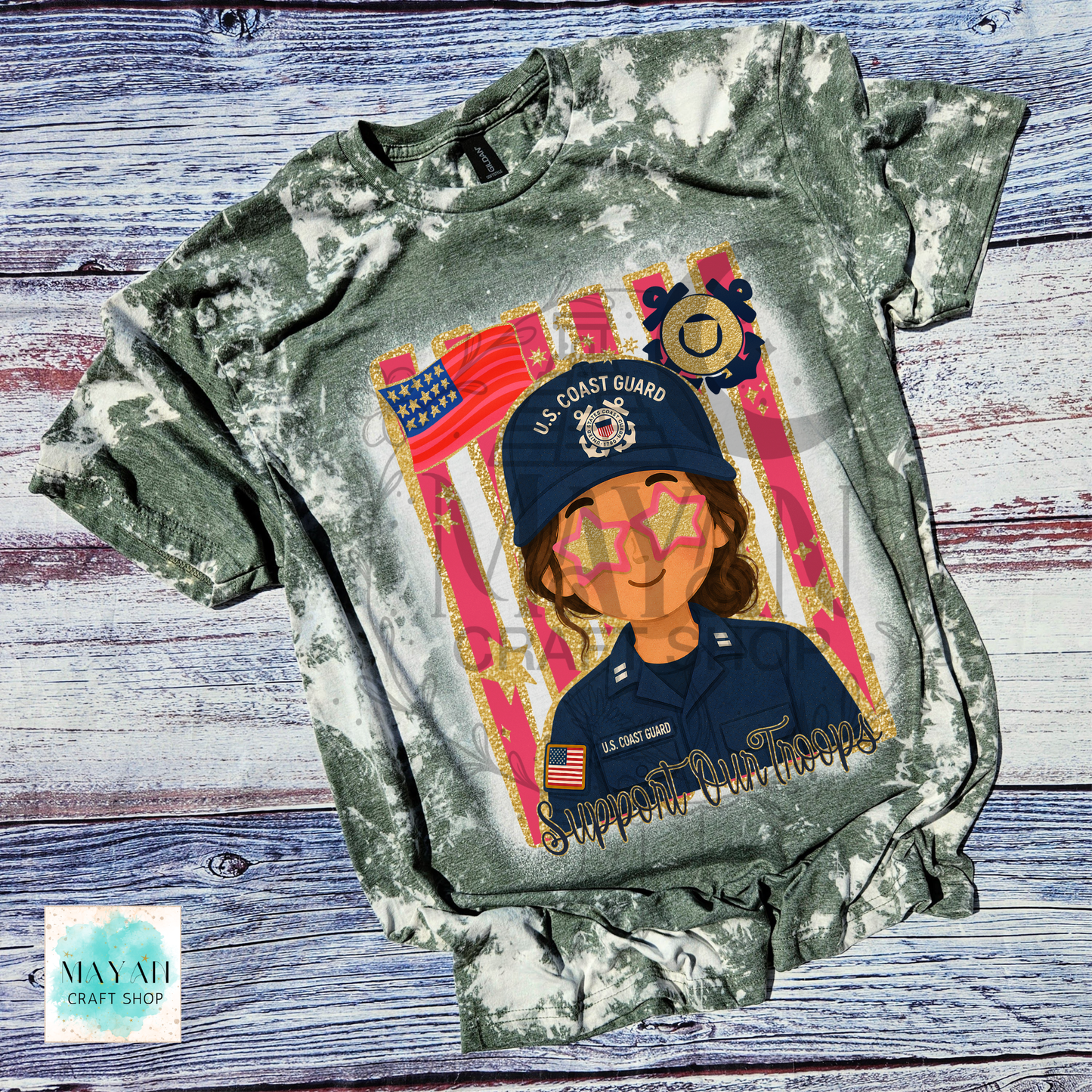 Support our troops heather military green bleached shirt.