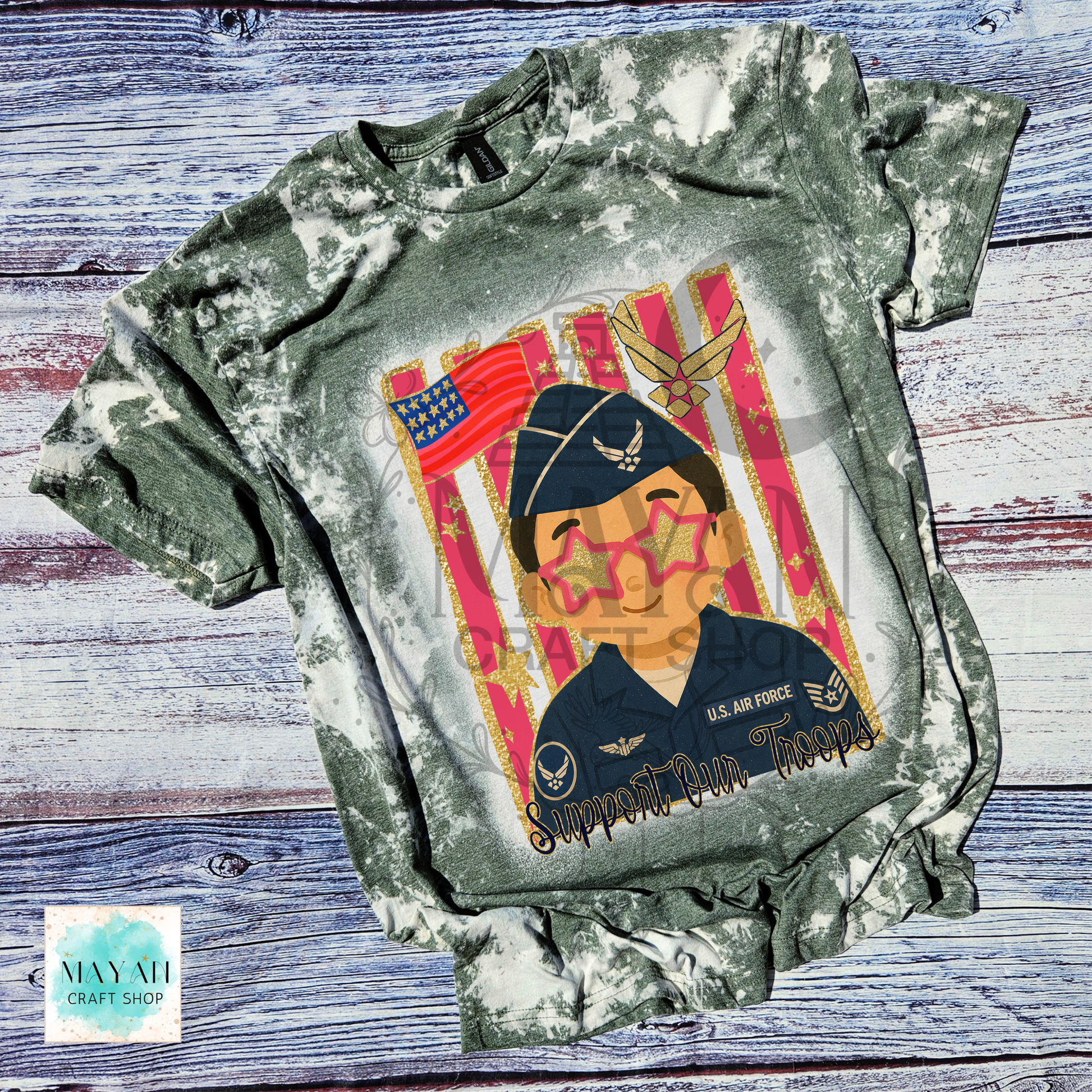 Support our troops heather military green bleached shirt.