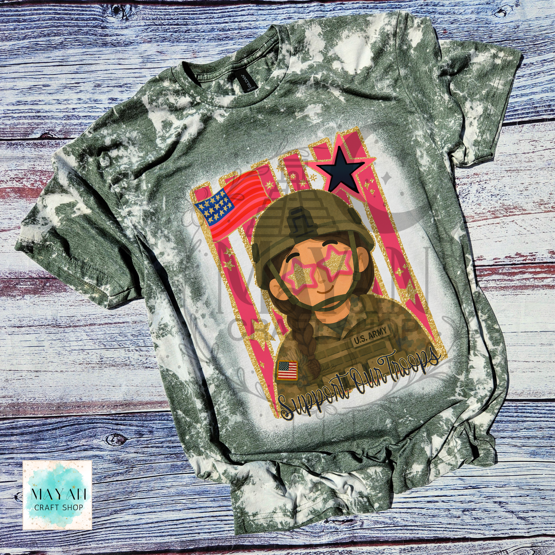 Support our troops heather military green bleached shirt.