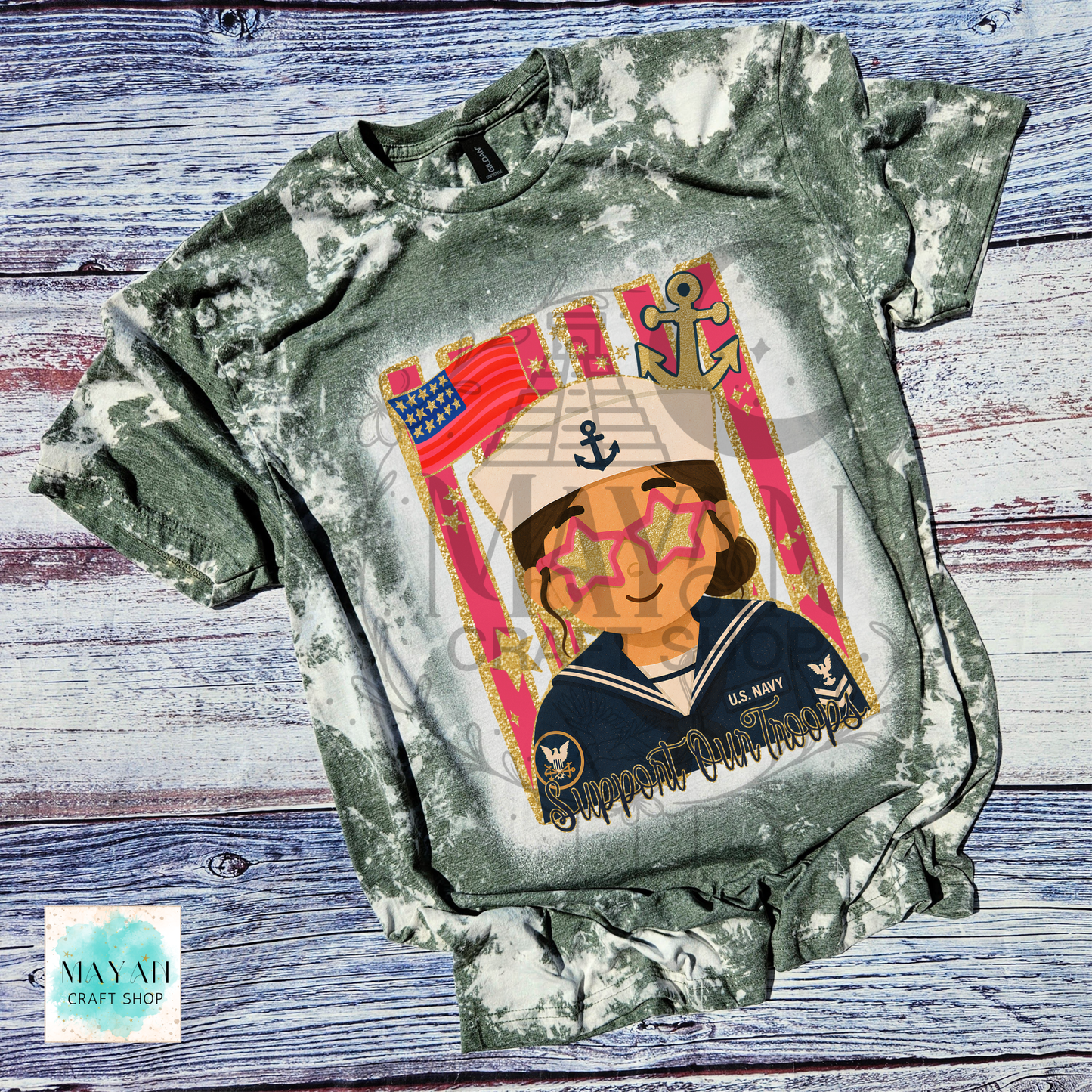 Support our troops heather military green bleached shirt.
