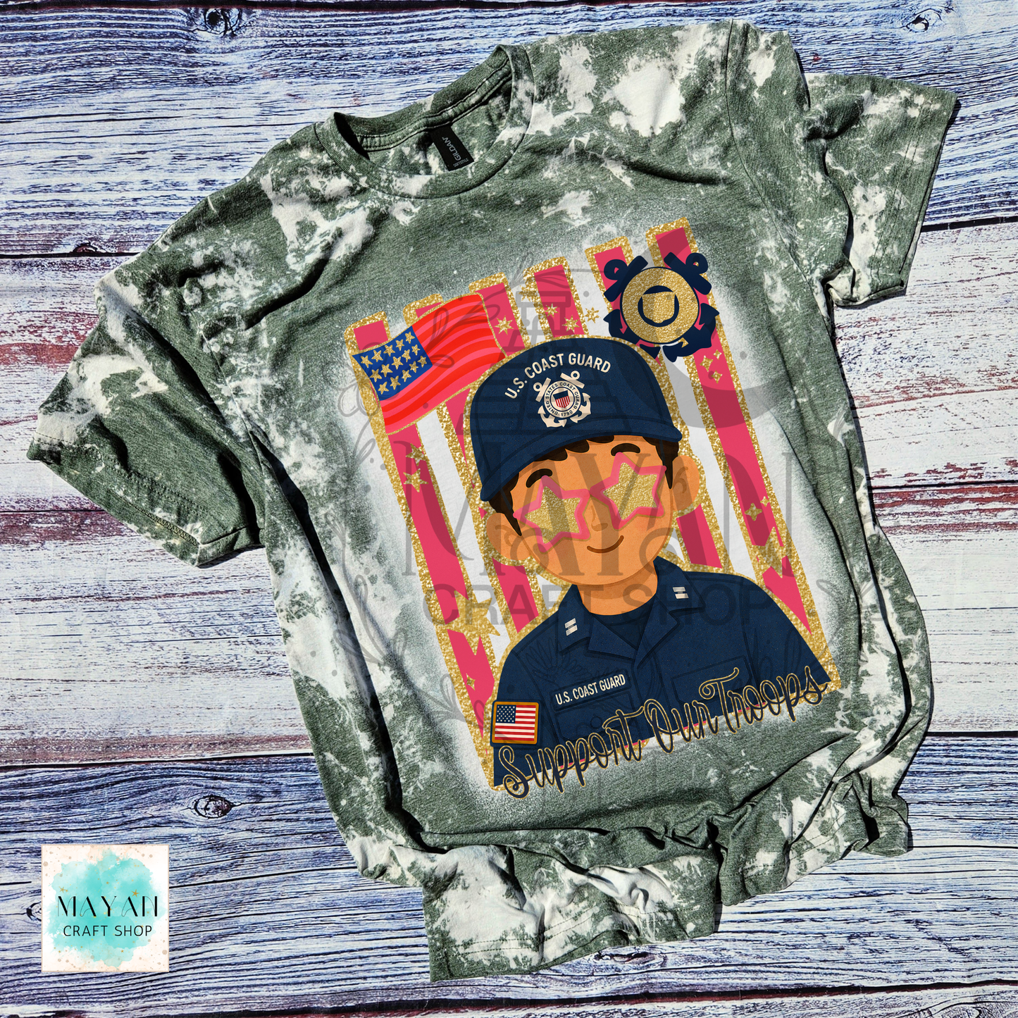 Support our troops heather military green bleached shirt.