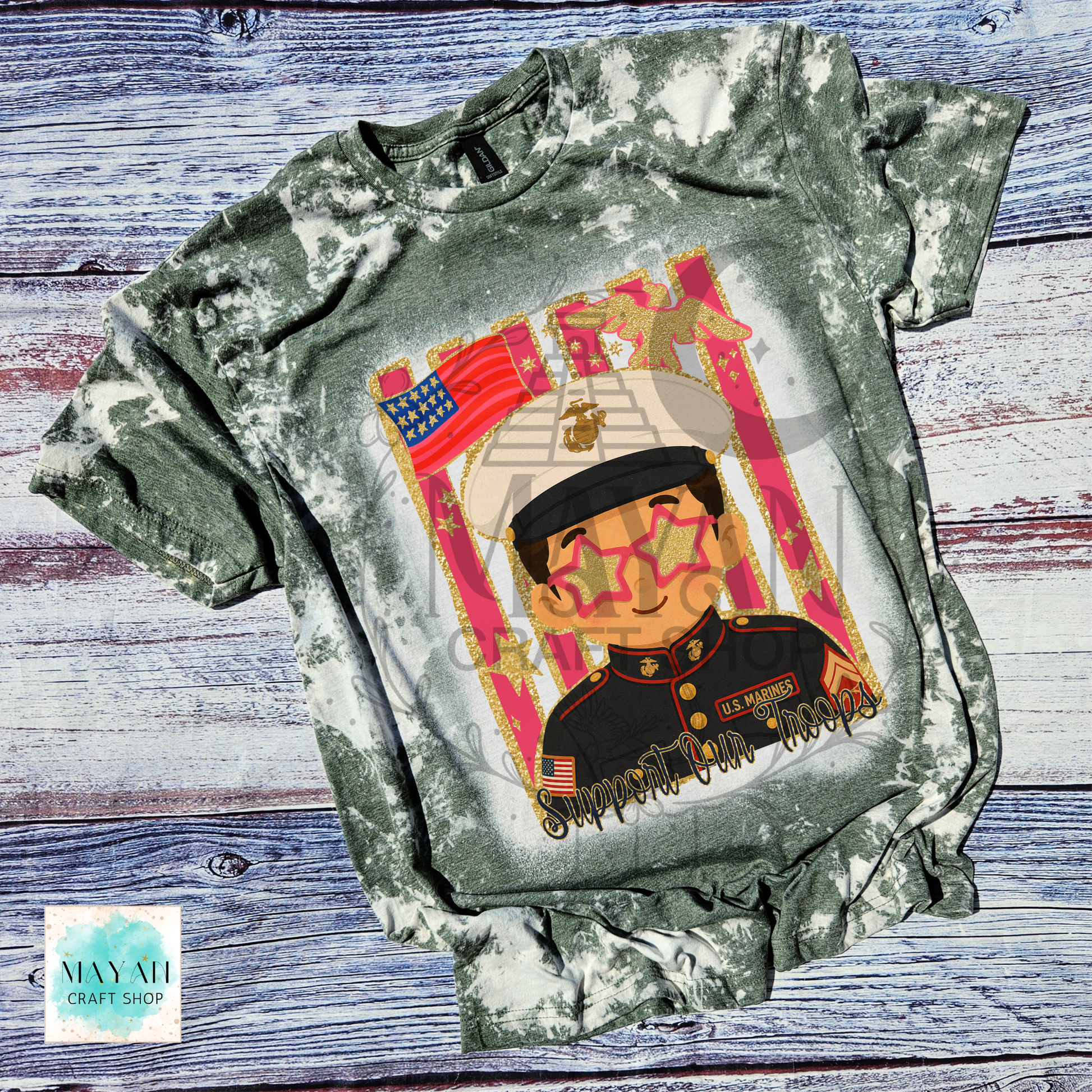 Support our troops bleached heather military green shirt.