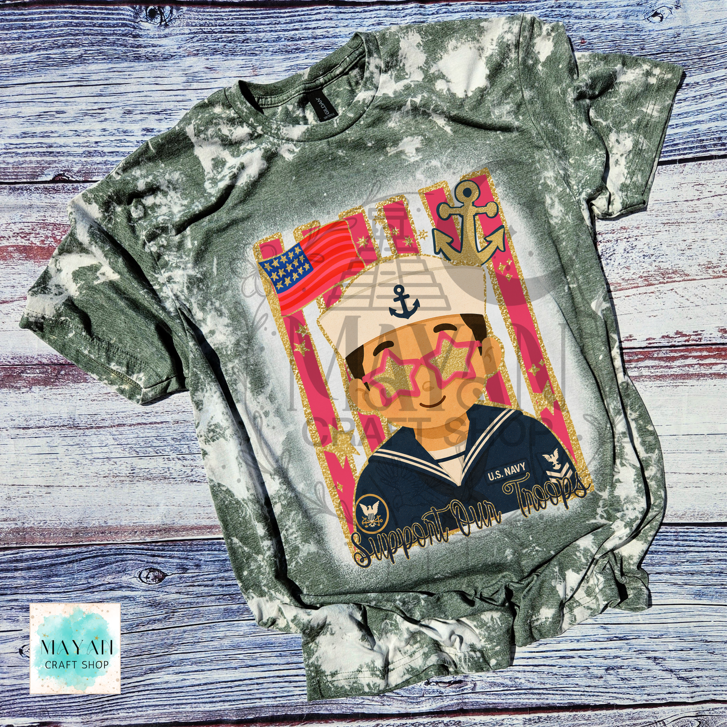 Support our troops heather military green bleached shirt.