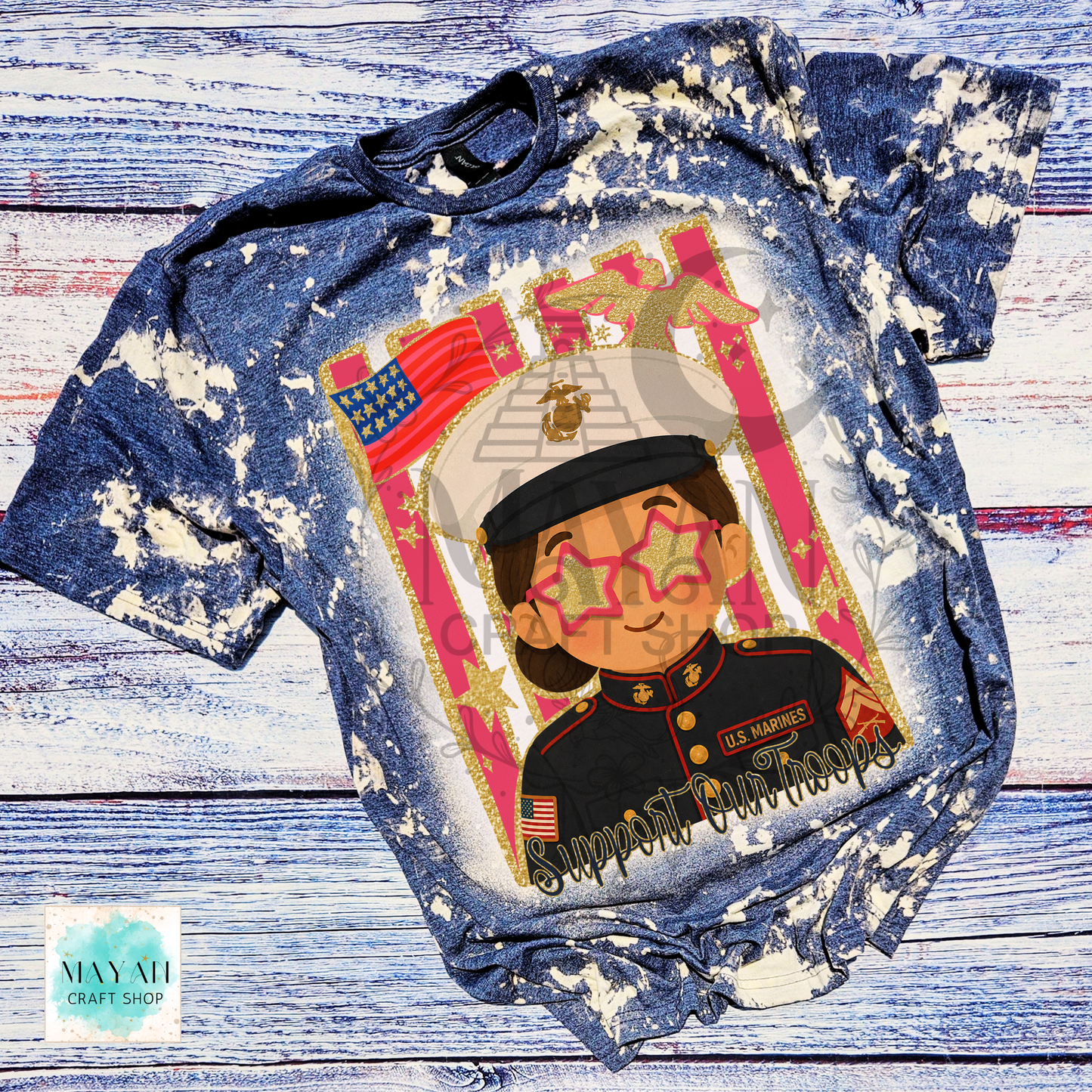 Support our troops heather navy bleached shirt.