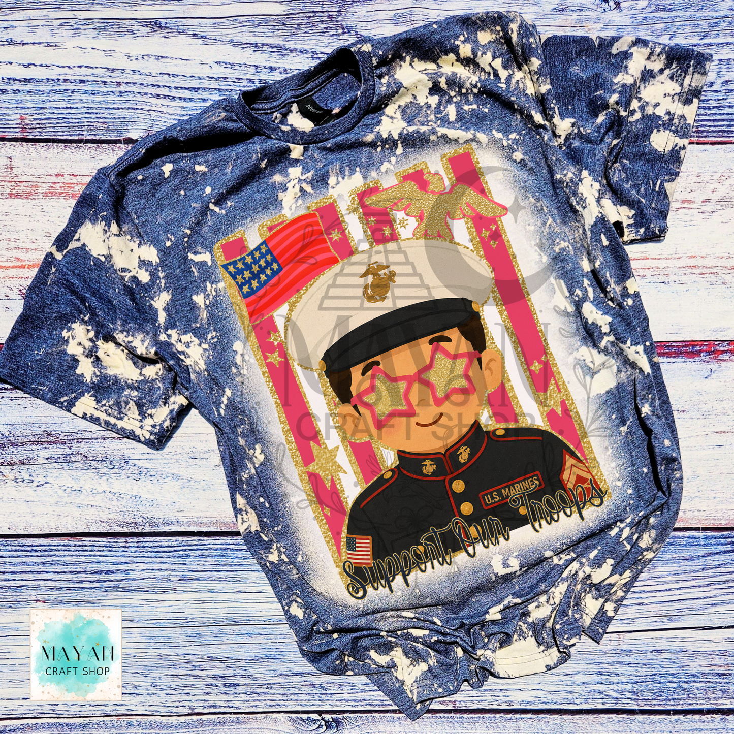 Support our troops bleached heather navy shirt.