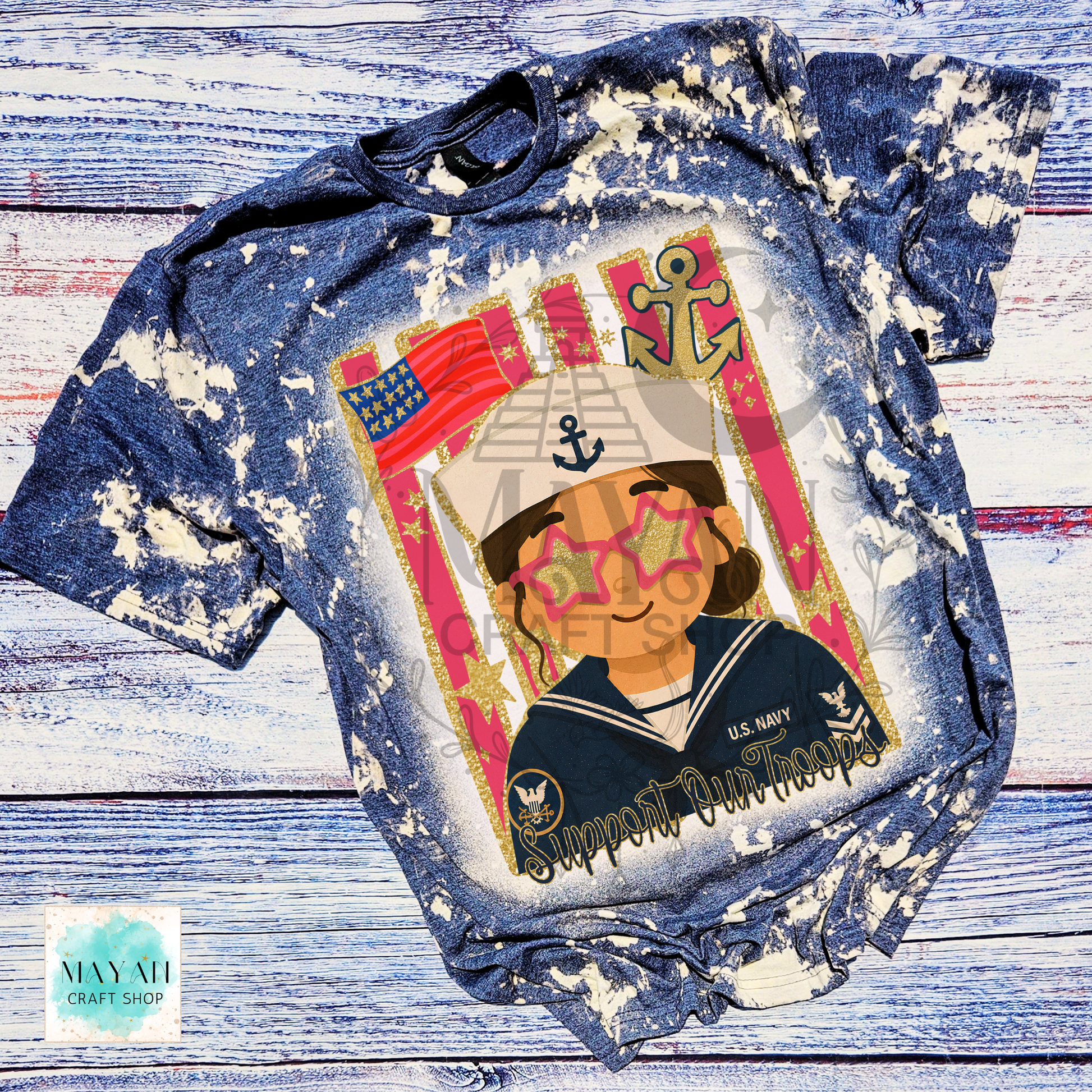 Support our troops heather navy bleached shirt.
