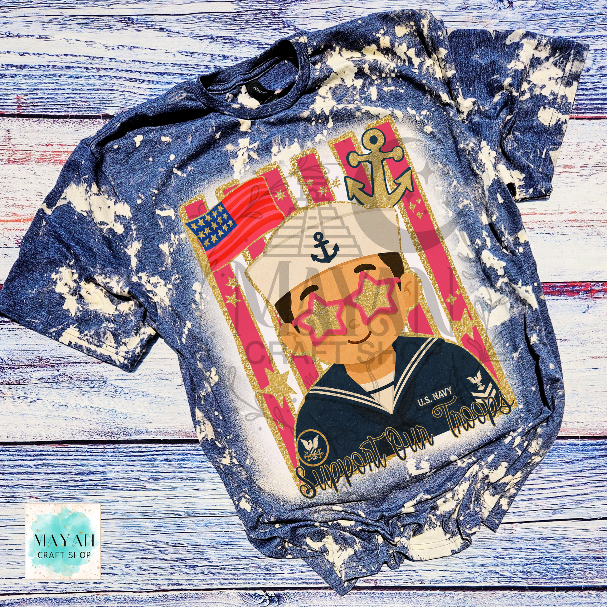 Support our troops heather navy bleached shirt.