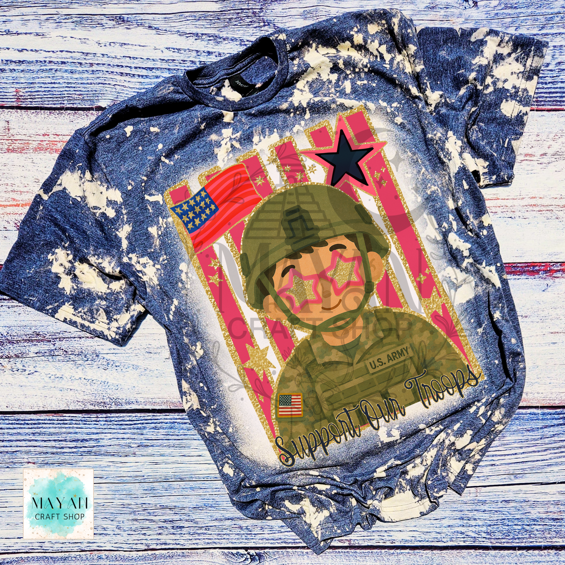 Support our troops heather navy bleached shirt.