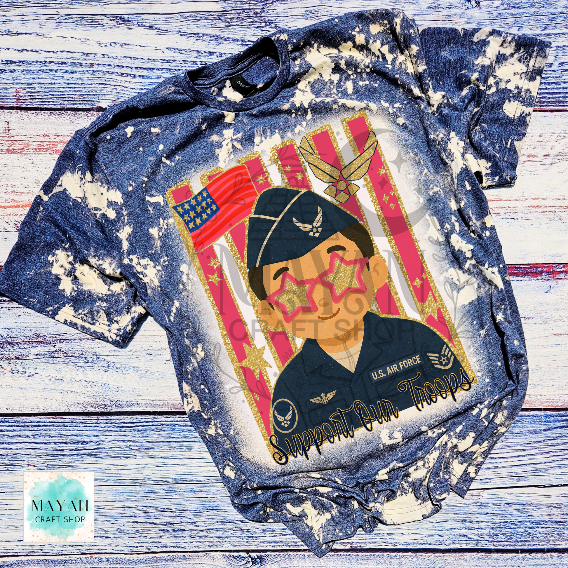 Support our troops heather navy bleached shirt.