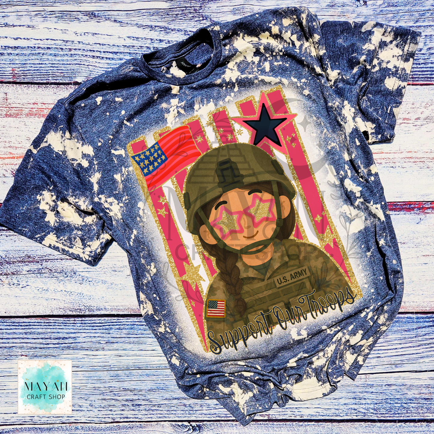 Support our troops heather navy bleached shirt.
