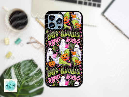 Phone case with Halloween design featuring ghosts and pumpkins reading.
