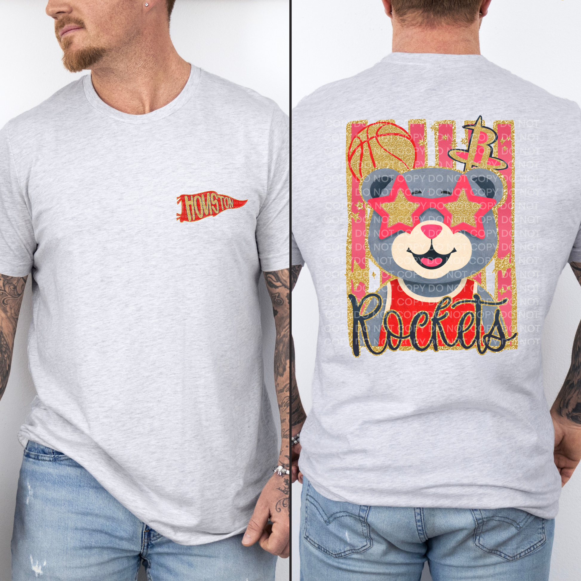 A man modeling a light heather gray t-shirt, showing both the front and back views. The front features a small red and gold flag graphic on the left chest.