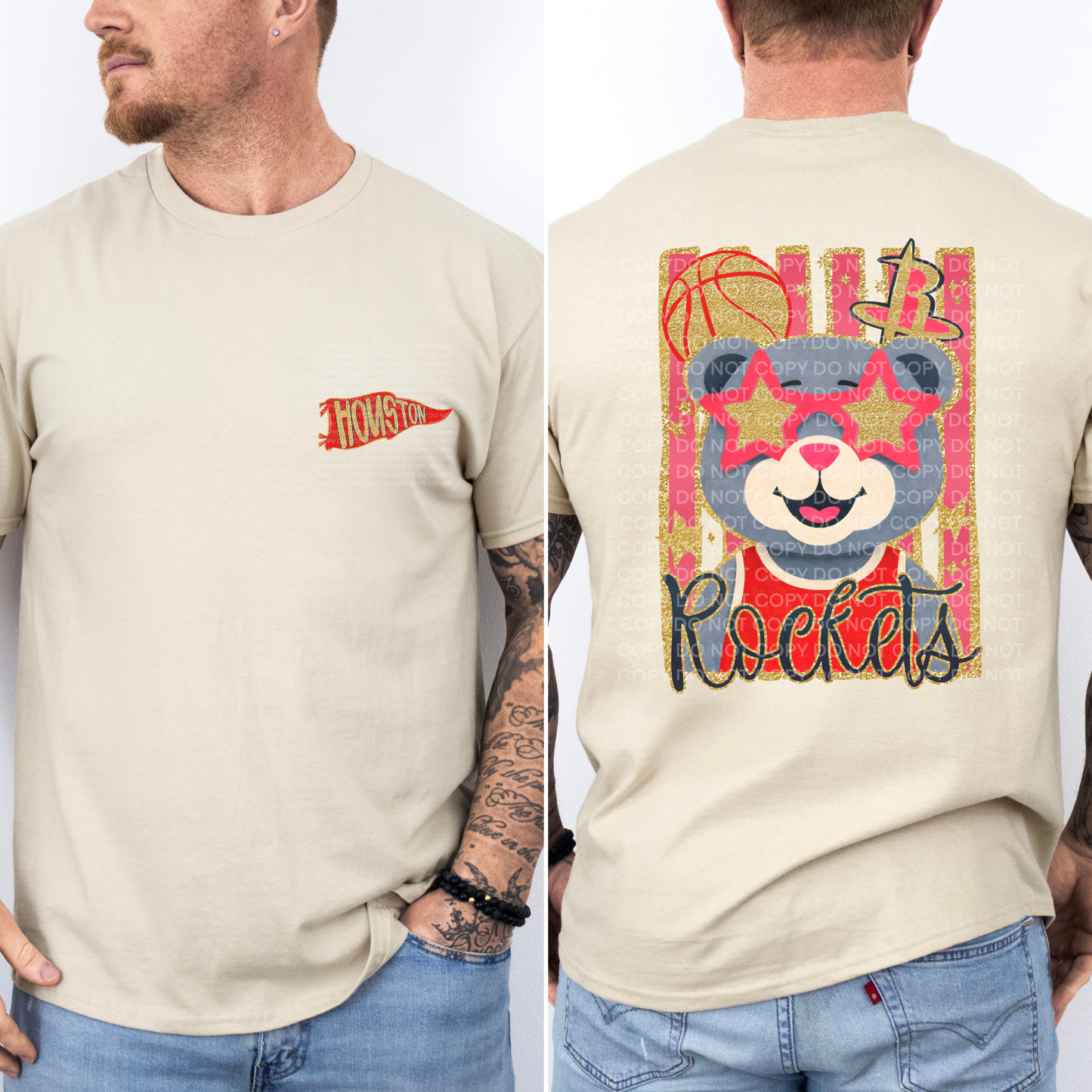 A man modeling a light beige t-shirt, showing both the front and back views. The front features a small red and orange Houston basketball flag logo on the left chest.