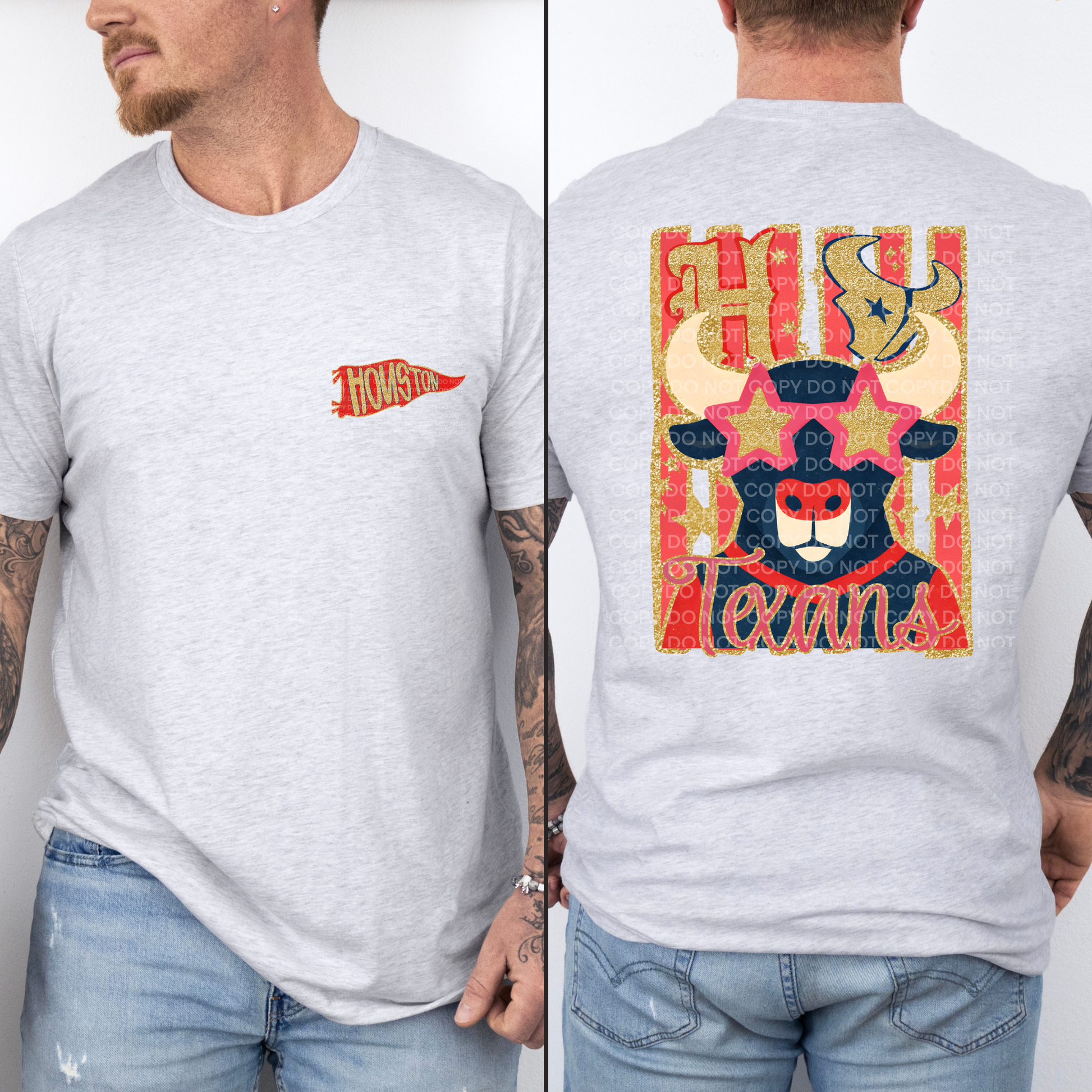 A man modeling a light heather gray t-shirt, shown from both the front and back. The front features a small red and gold pennant graphic on the left chest.