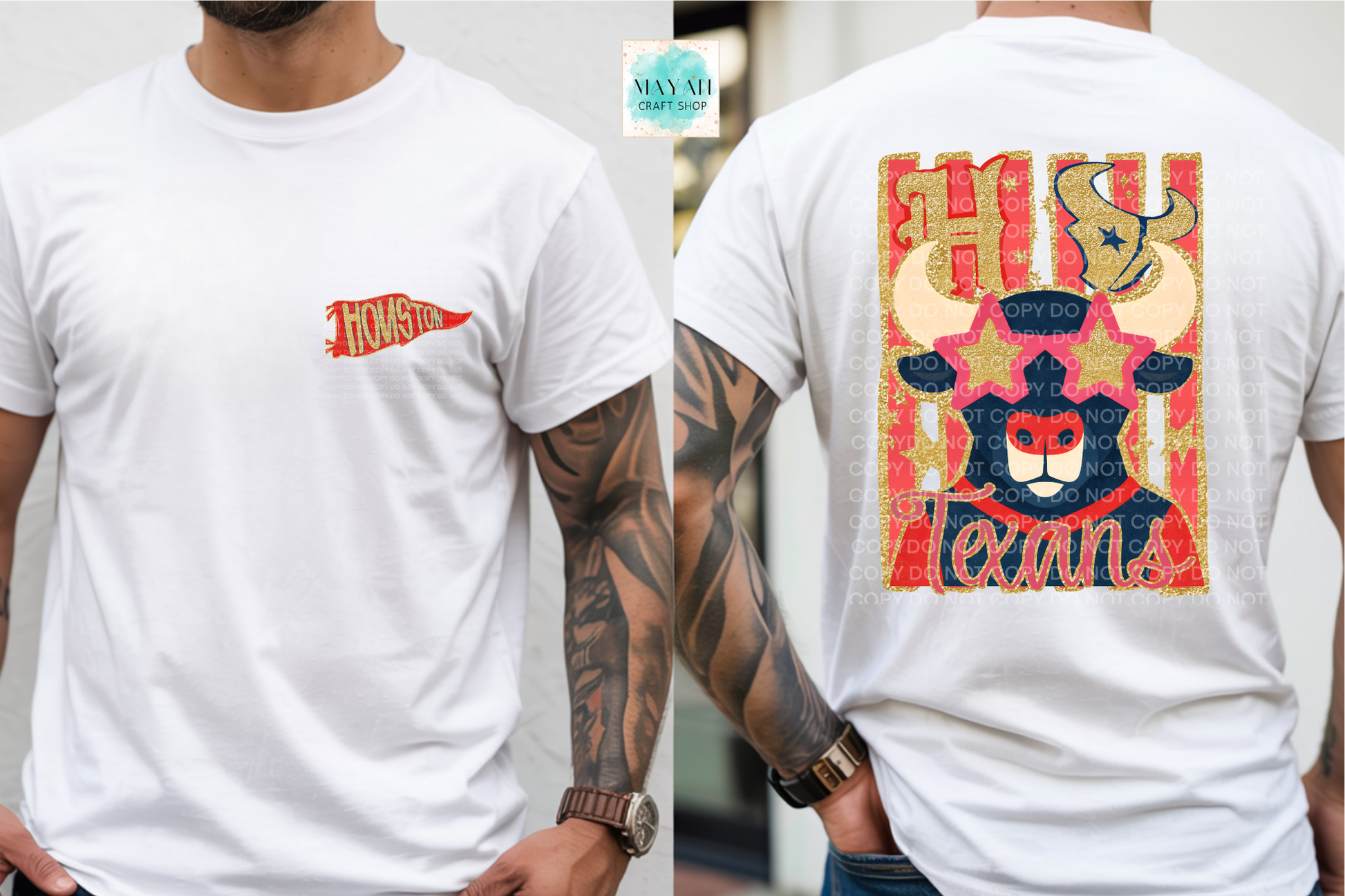 A white short-sleeve T-shirt shown on a model from both the front and back. The front has a small red and orange pennant-style chest graphic.