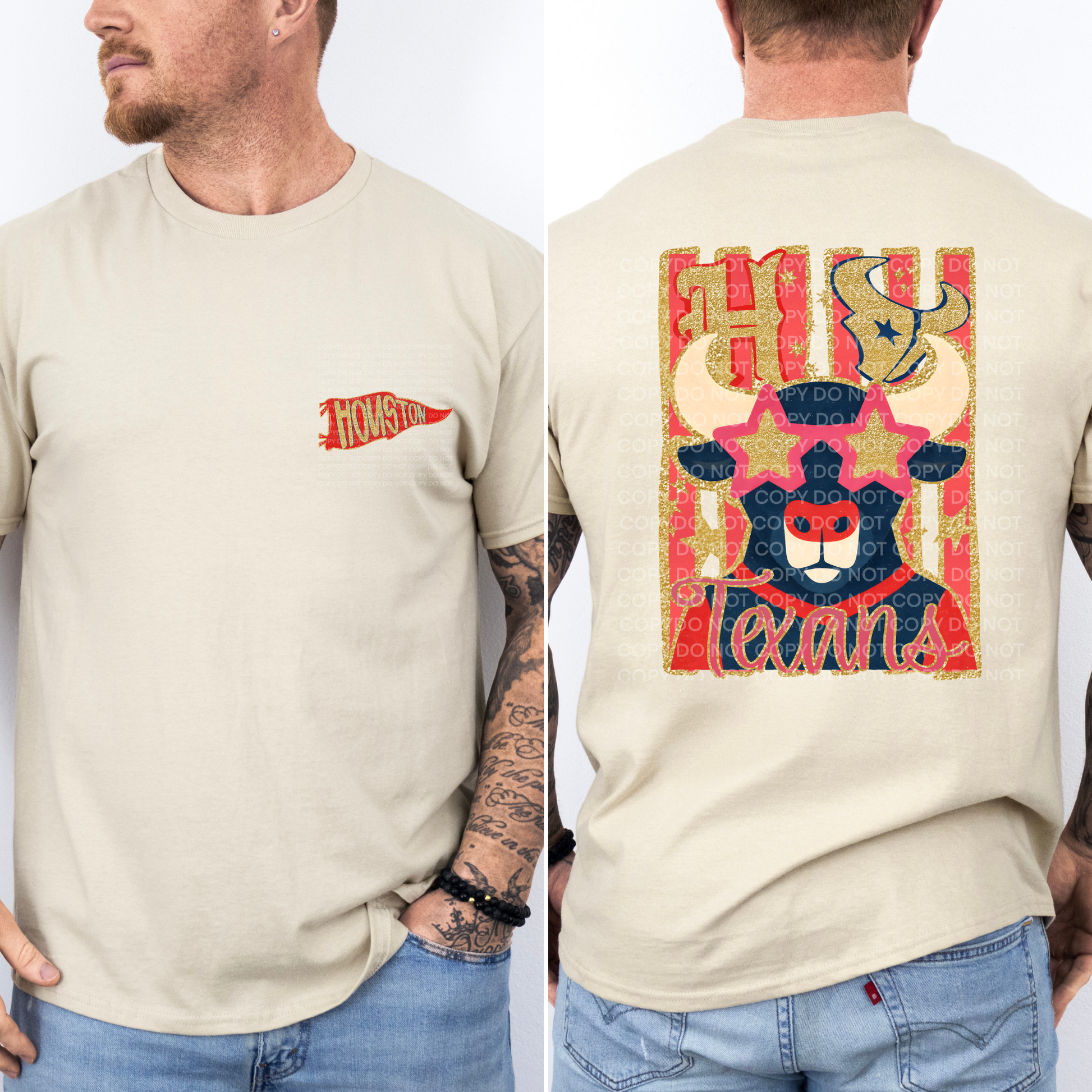A man modeling a light beige t-shirt, showing both the front and back views. The front features a small red and blue pennant-style 'Houston' logo on the left chest.