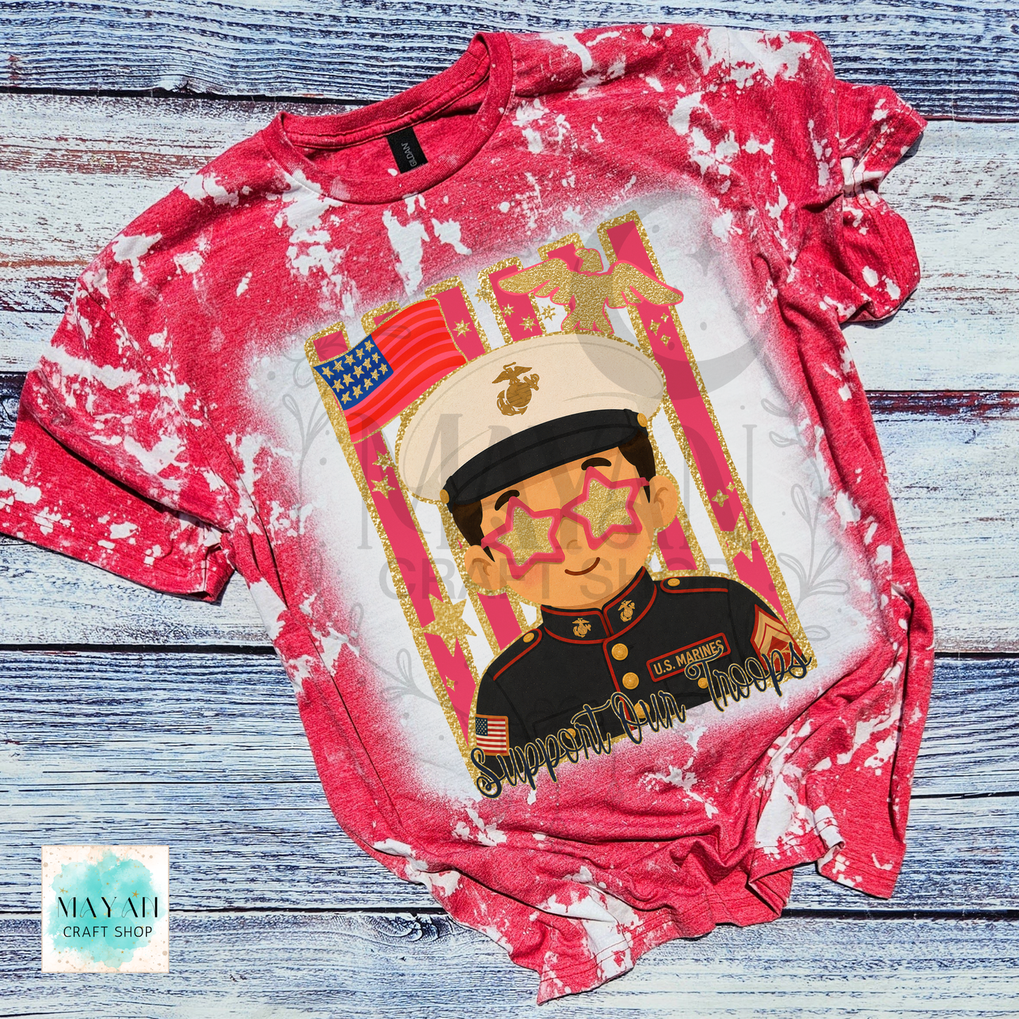 Support our troops bleached heather red shirt.