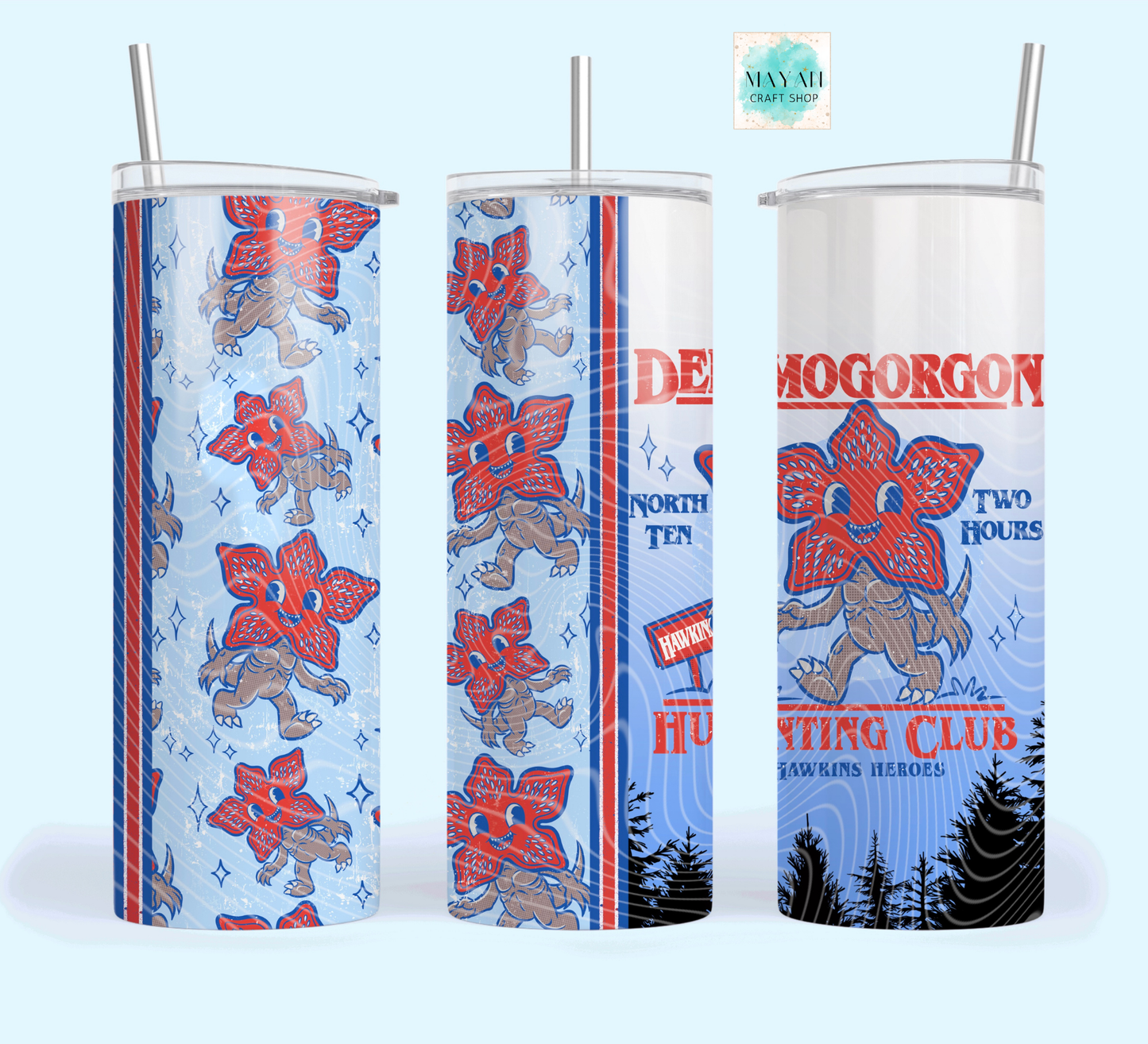 Three tumblers with Harry Potter-themed designs on a white background