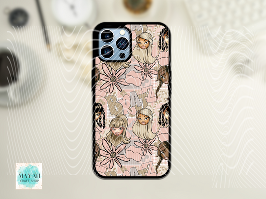 Phone case with illustrated design of a girl, flowers, and letters on a light background