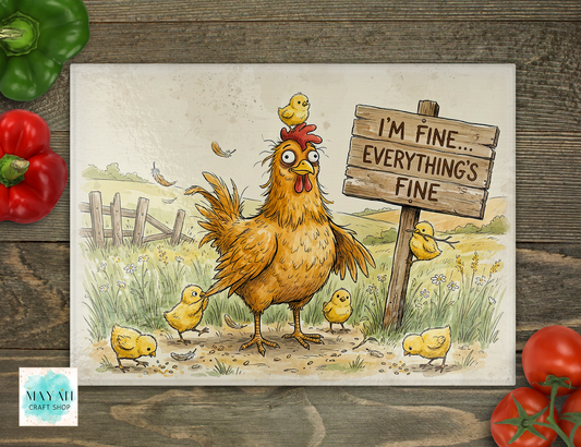 Cartoon chicken with chicks and a sign on a wooden surface with vegetables.