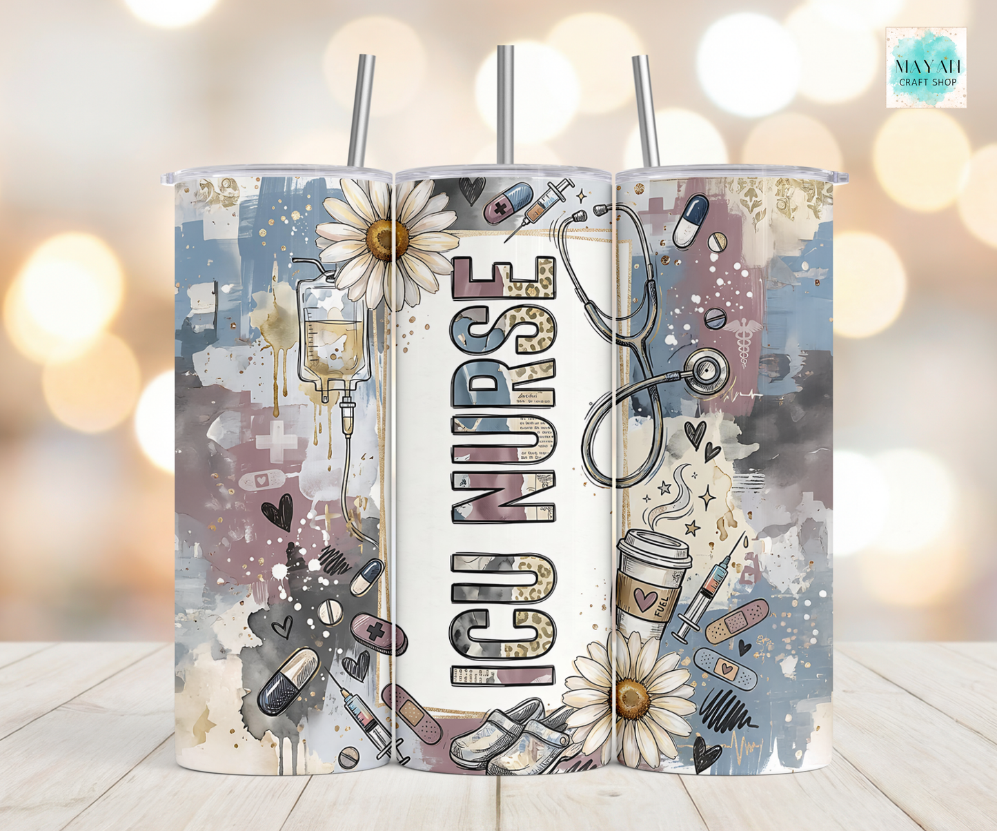 Tumbler with 'ICU Nurse' design featuring medical symbols and flowers on a blurred background.