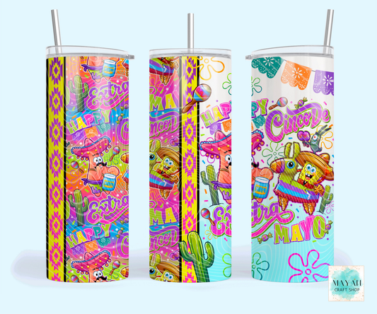Three colorful tumblers with festive designs on a white background