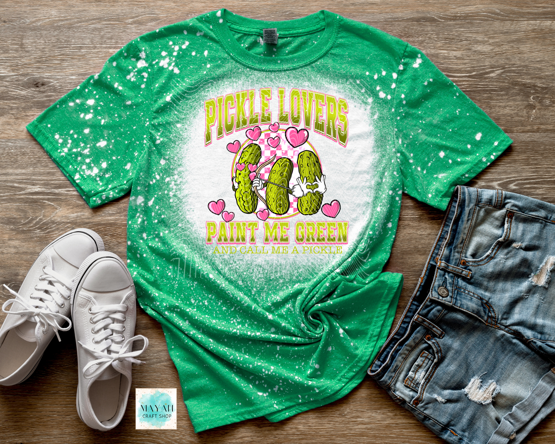 Pickle lovers bleached heather irish green shirt. -Mayan Craft Shop