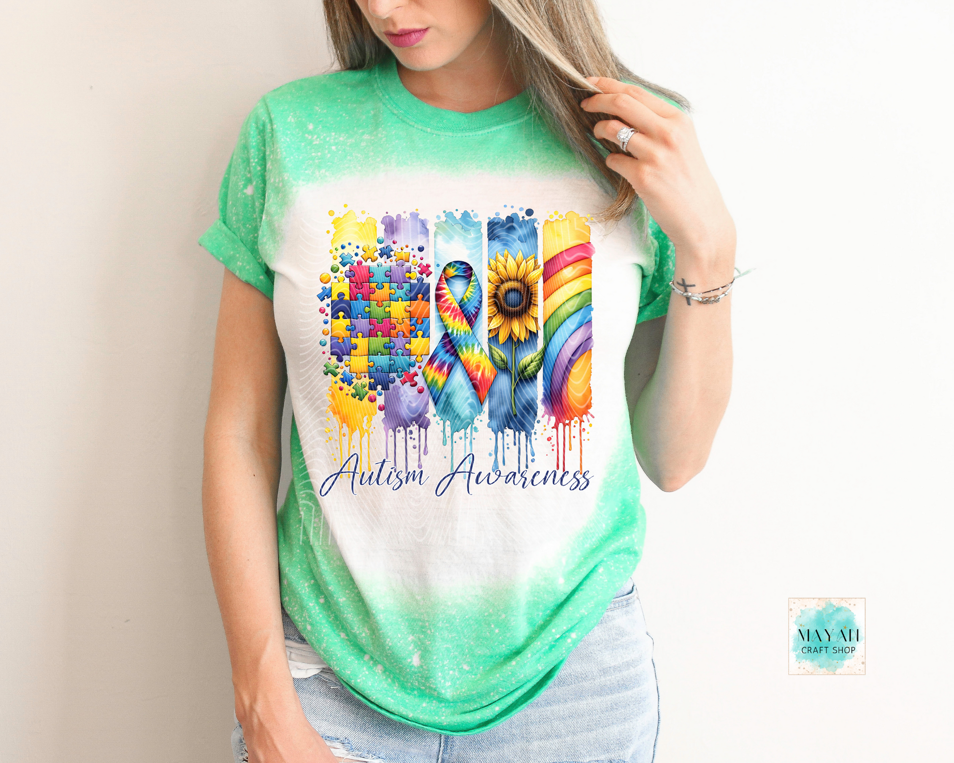 Autism awareness heather irish green bleached tee. -Mayan Craft Shop