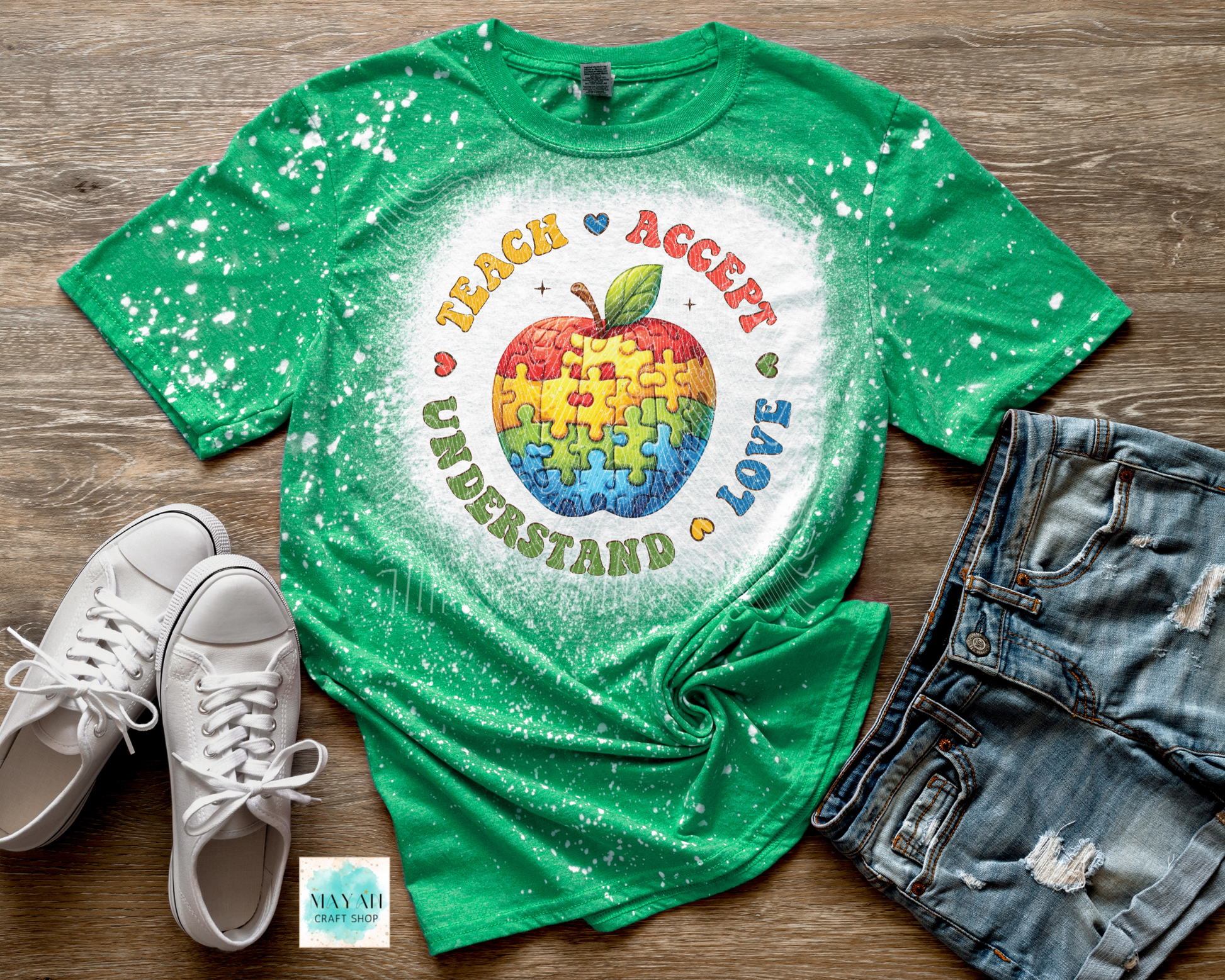 Autism teacher heather irish green bleached shirt. -Mayan Craft Shop