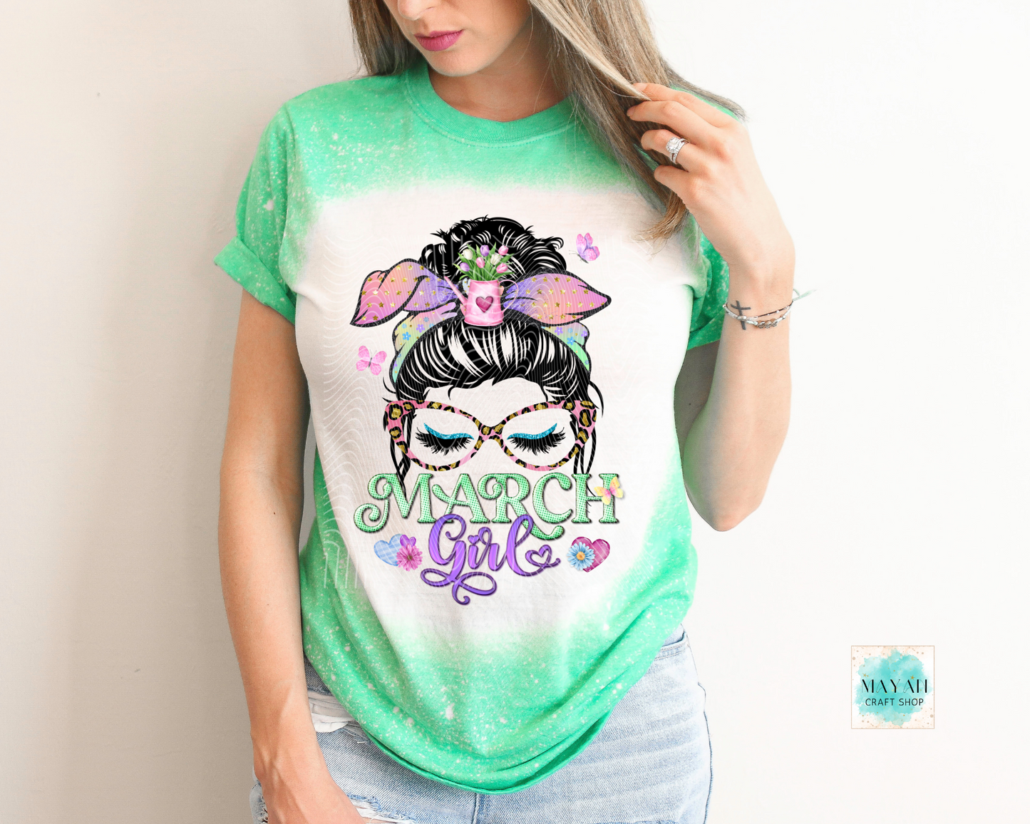 March girl heather irish green bleached tee. -Mayan Craft Shop