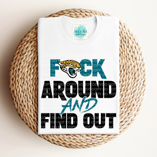 White t-shirt with graphic design and text on a woven surface