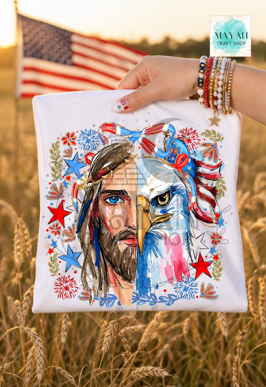 Hand holding a white pillow with an American-themed design featuring an eagle and a face, with an American flag in the background.