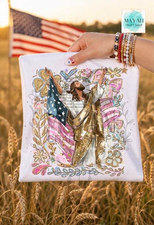 Design of a man holding American flags in a field with an American flag in the background.