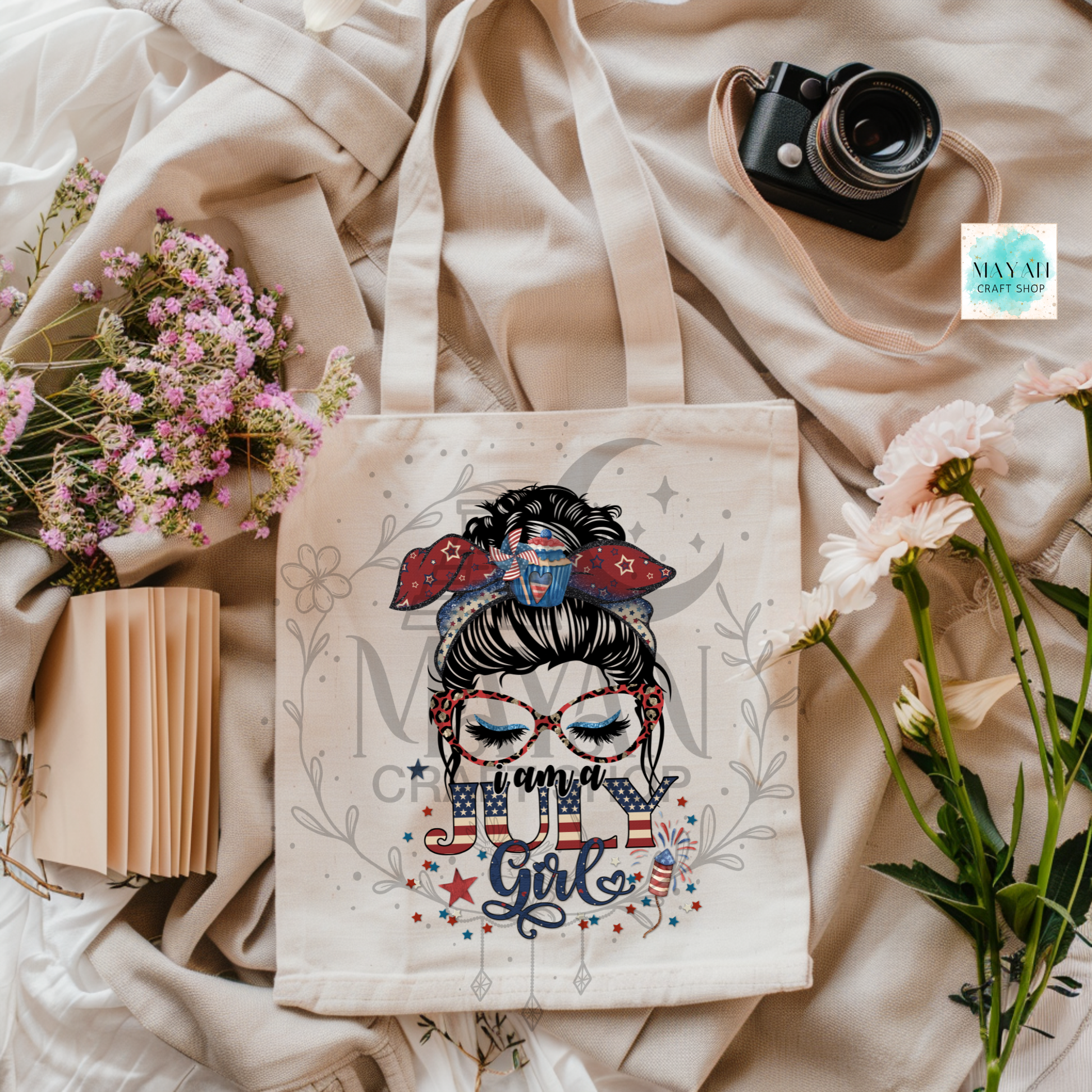 July girl patriotic tote bag.