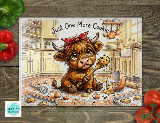 Illustration of a cow baking cookies in a kitchen with text 'Just One More Cookie'.