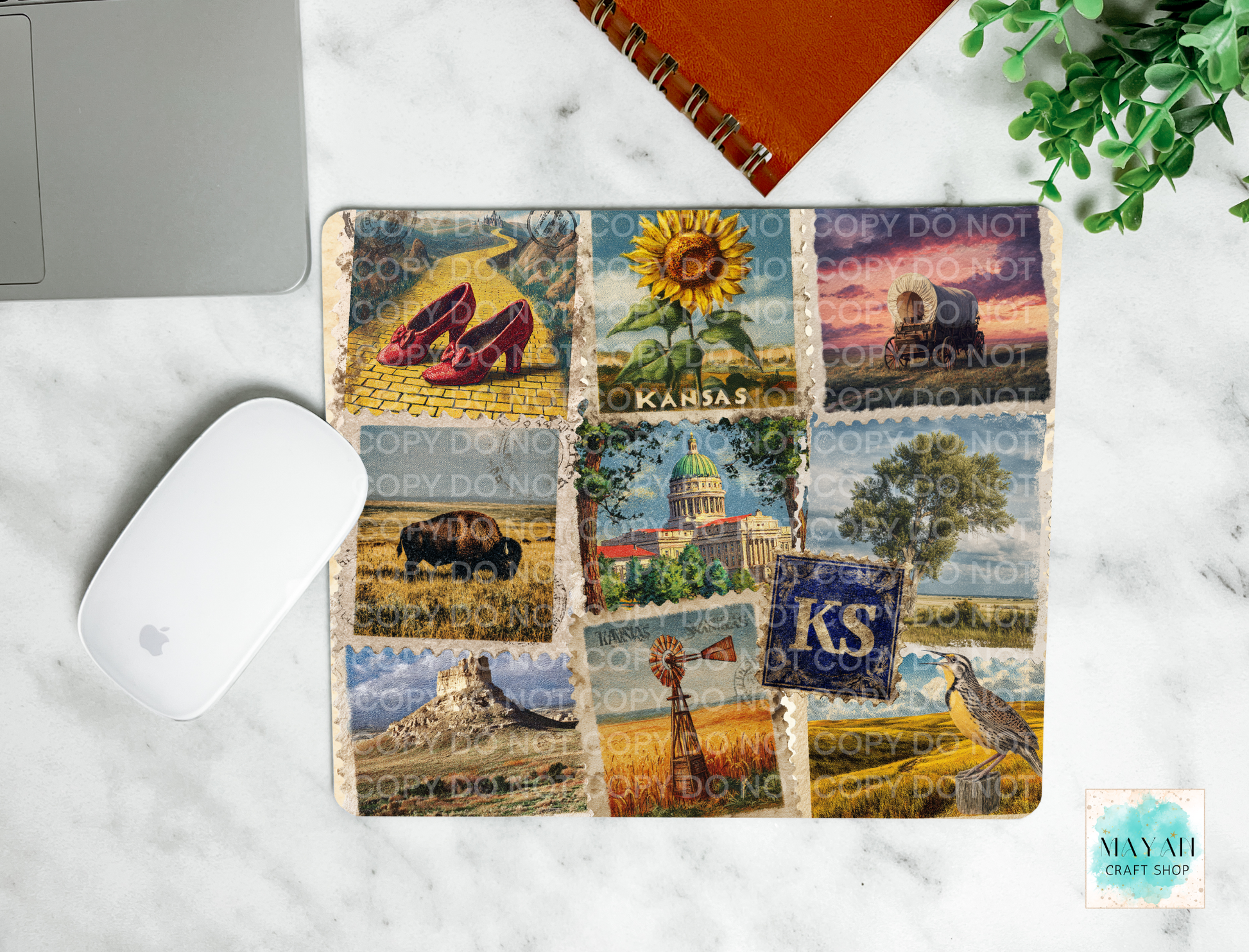 Kansas stamps mouse pad. -Mayan Craft Shop