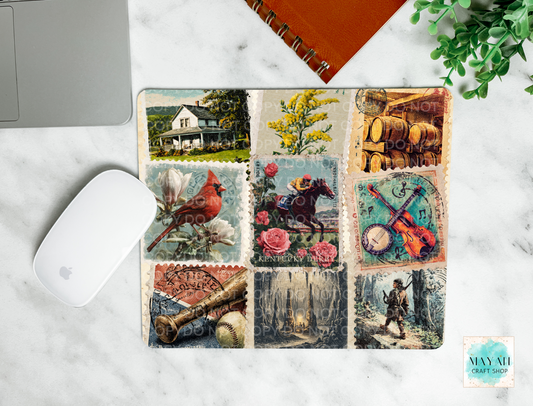 Collage of vintage-style postcards on a marble surface with a laptop and mouse.