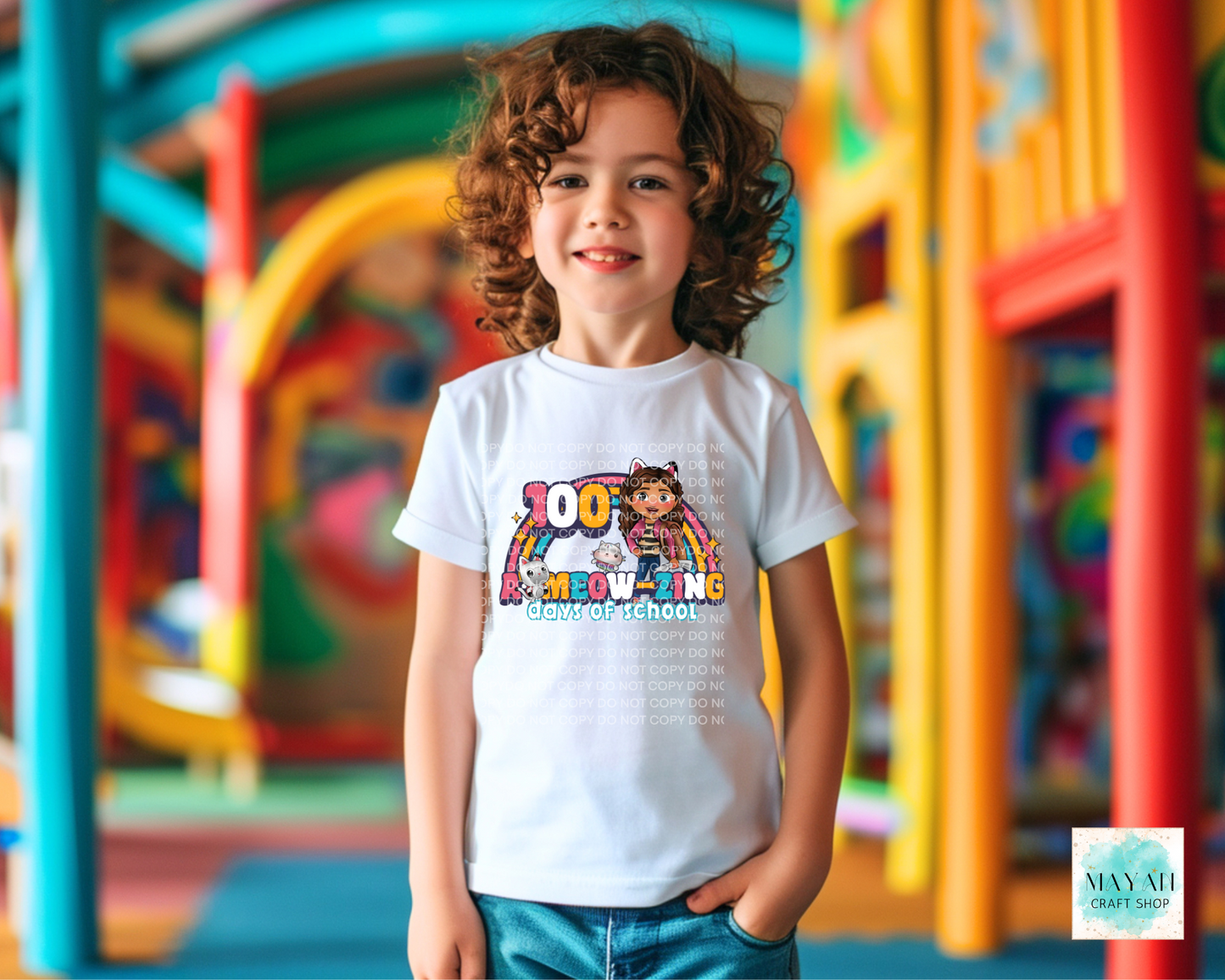 100 days meow kids white shirt. -Mayan Craft Shop