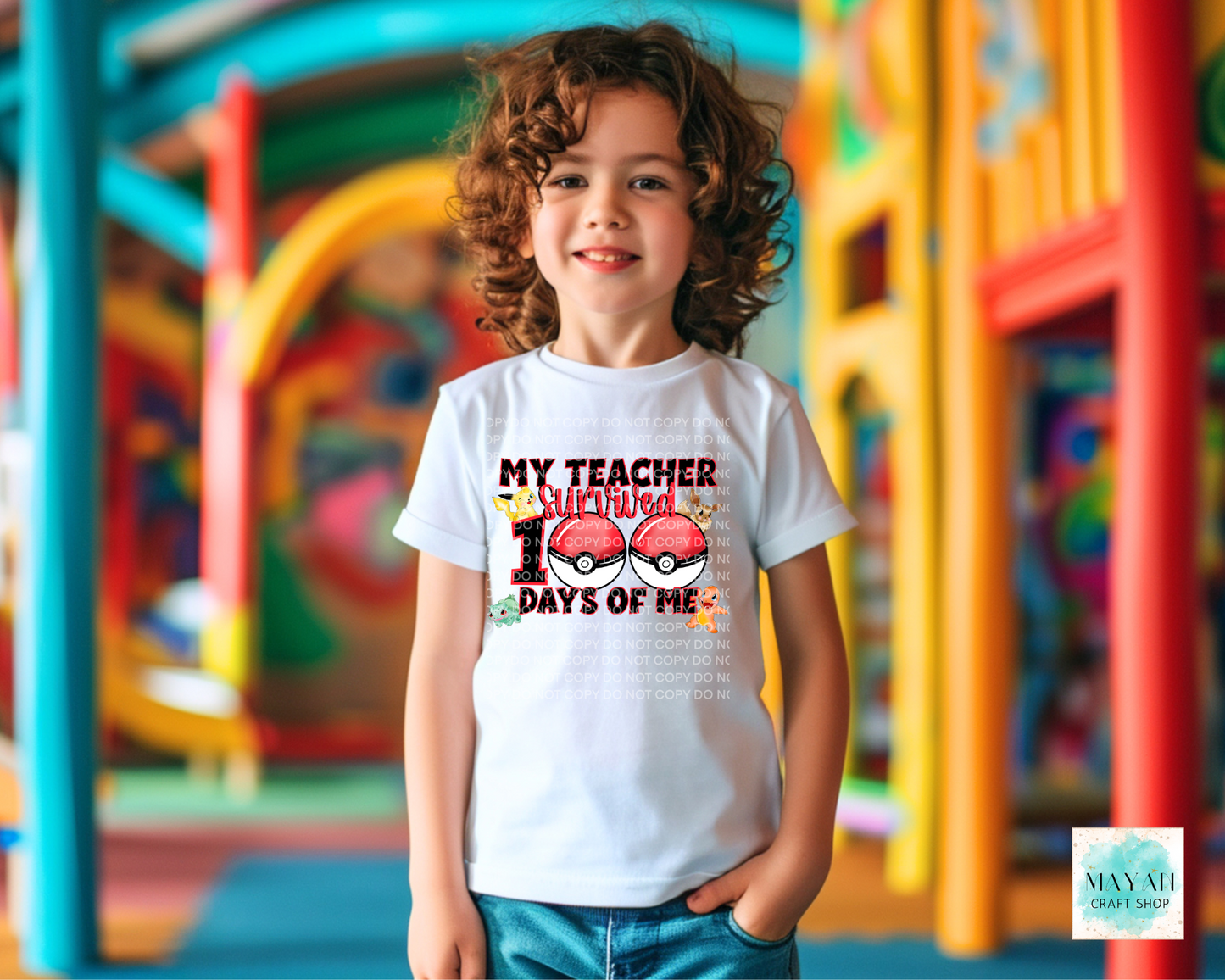 My teacher survived 100 days kids white shirt. -Mayan Craft Shop